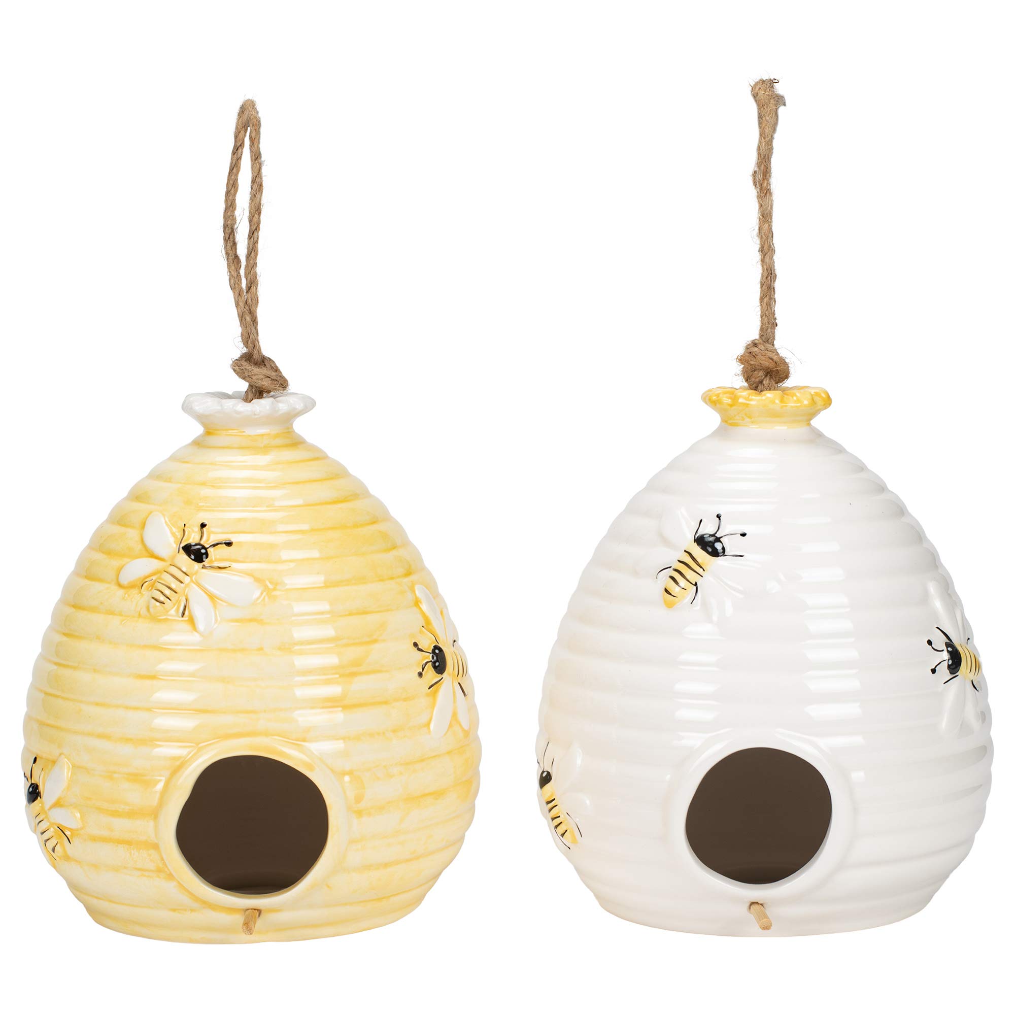 Dolomite Bumble Bee Hive Bird House - Set of 2 Handcrafted Ceramic Outdoor Decor for Garden, Patio & Yard - Attracts Pollinators & Enhances Outdoor Aesthetics