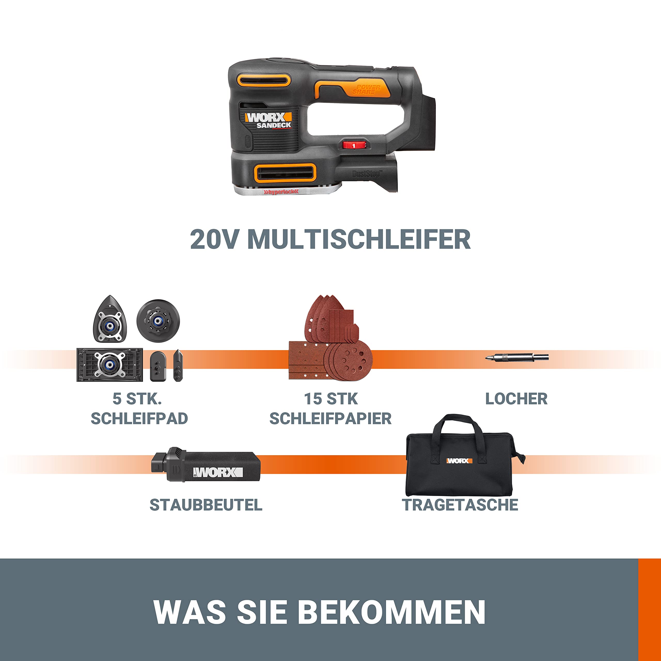 WORX WX820.9 Cordless Multi Sander - 5-in-1 Functions: Orbital, Fine, Detail, Contour & Finger Sanding - Variable Speed - PowerShare Compatible - Battery & Charger Not Included, Black - Perfect for Woodworking, DIY Projects & Home Renovation