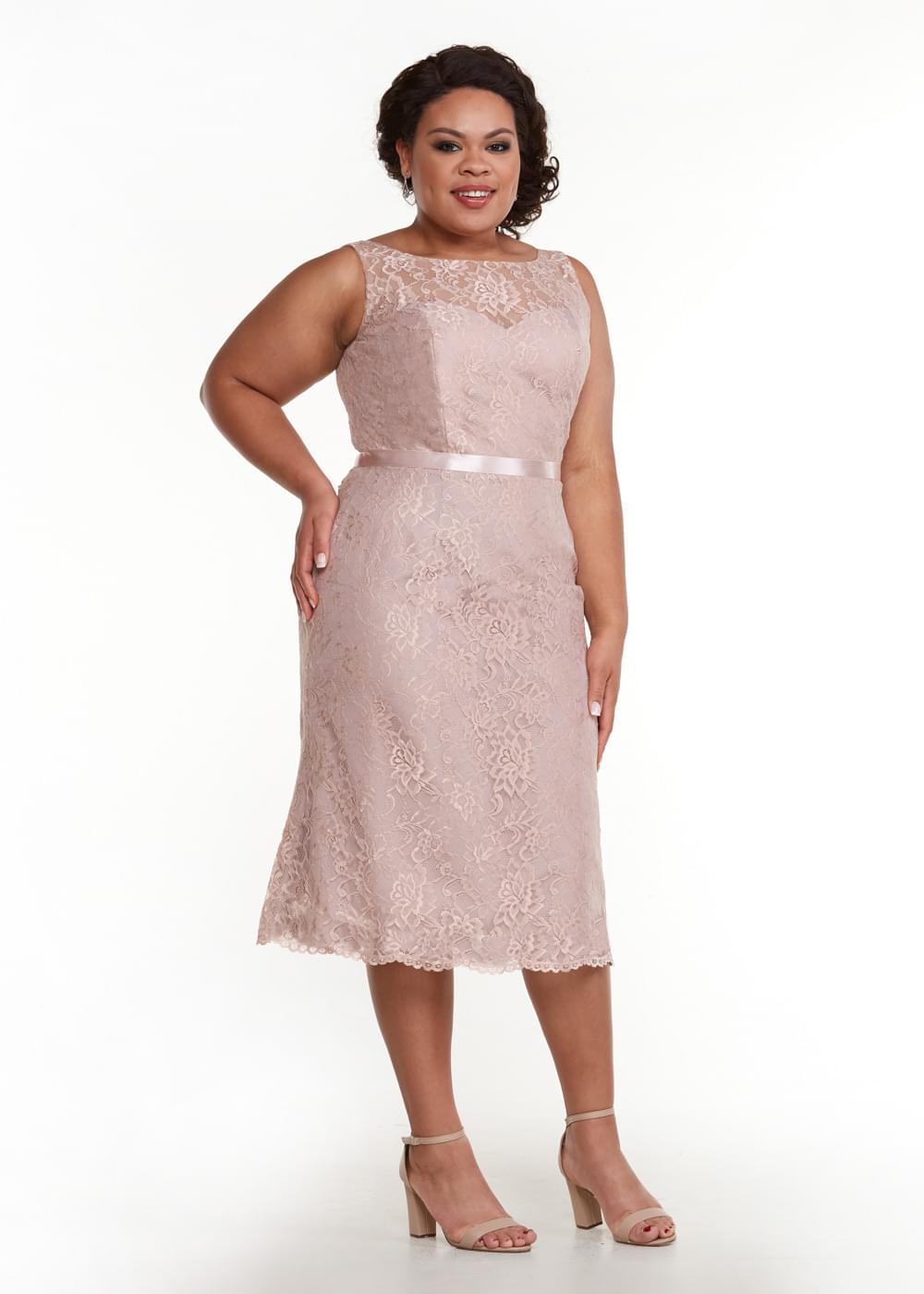 Elegant 80035 Tea Length Lace Bridesmaid Dress with Detachable Sash - Perfect for Weddings, Formal Events & Special Occasions