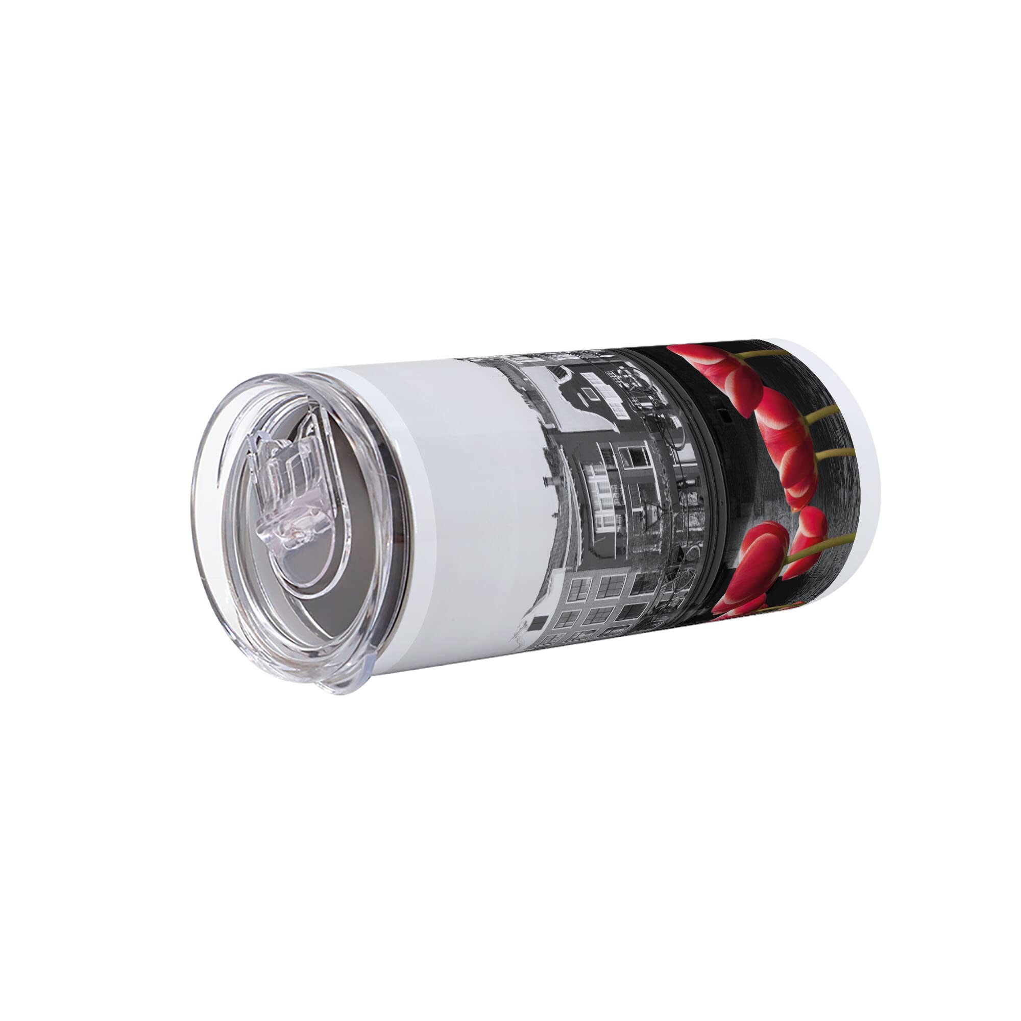 Ambesonne Black and White 12 Oz Skinny Tumbler - Vacuum Insulated Travel Mug with Leakproof Lid, Monochrome Amsterdam Canal Photo with Red Tulips & Houses - Perfect for Coffee, Tea, or Cold Drinks at Work, Travel, Picnics, and Outdoor Adventures