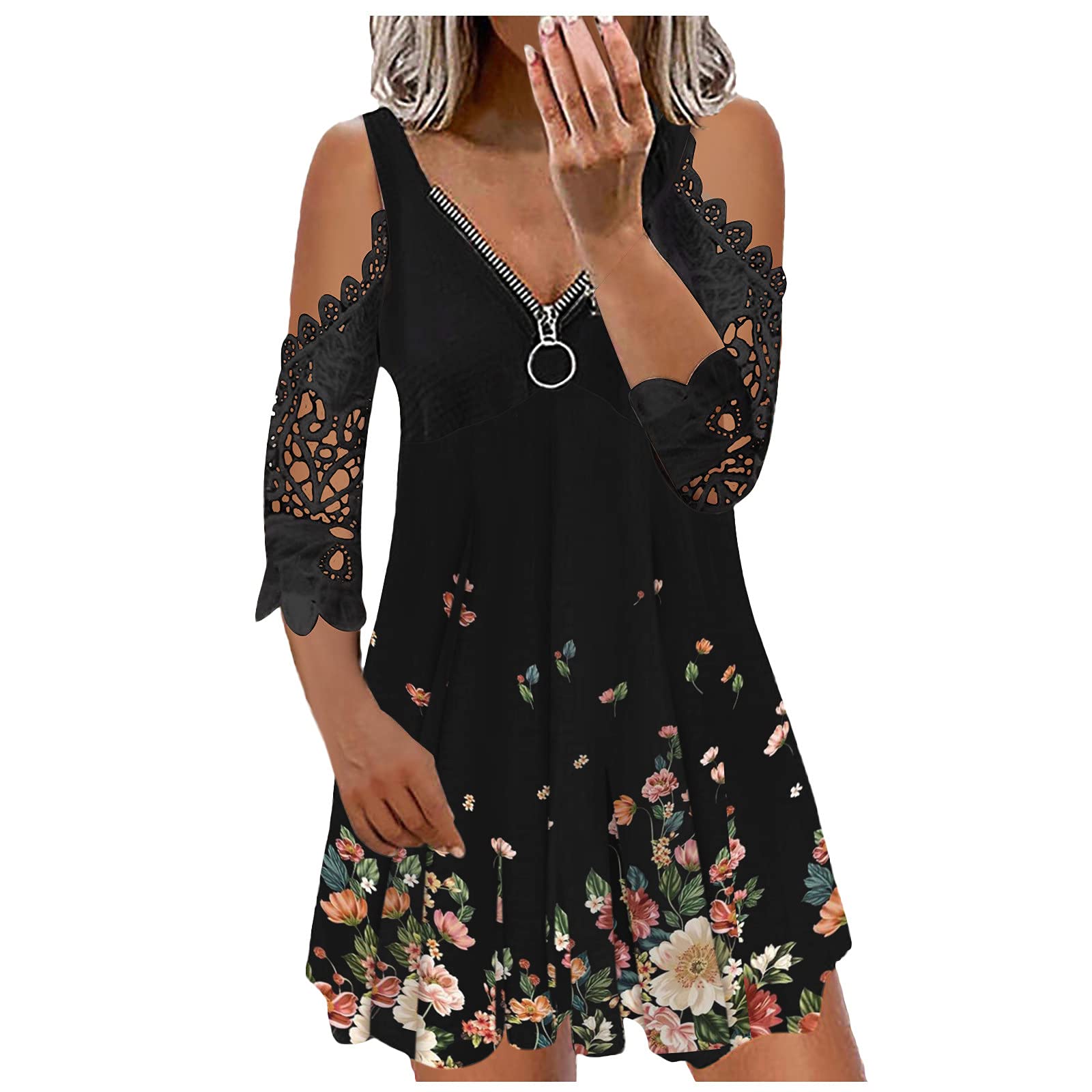 Women's Summer Cold Shoulder T-Shirt Dress - Strapless Casual V-Neck Lace Sleeve Sexy Sling Short Dress with Zipper Closure | Perfect for Beach Parties, Date Nights & Summer Vacations