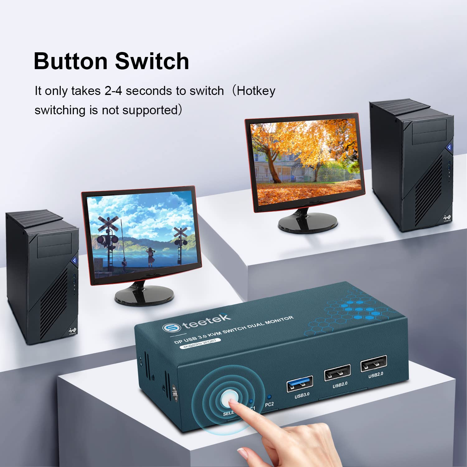 Dual Monitor DisplayPort KVM Switch 4K@60Hz - 2 Port DP KVM Switch for 2 Computers with USB 3.0 Hub | Button Control | Includes 4 DisplayPort & 2 USB 3.0 Cables | Perfect for Home Office, Gaming Setup & Multi-PC Workstations