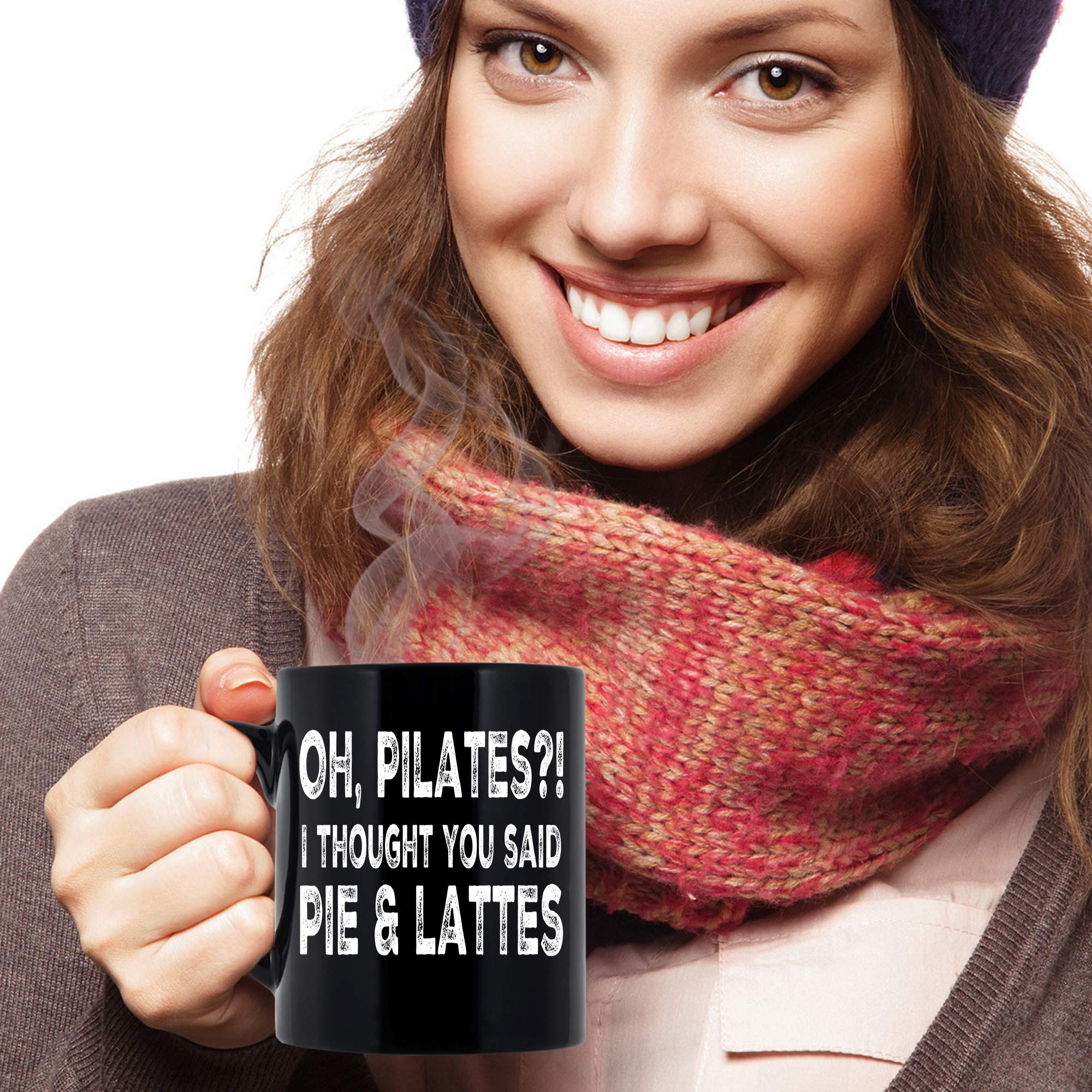 Funny Pilates Coffee Mug - Pie & Lattes Joke 11oz Black Cup for Yoga Lovers