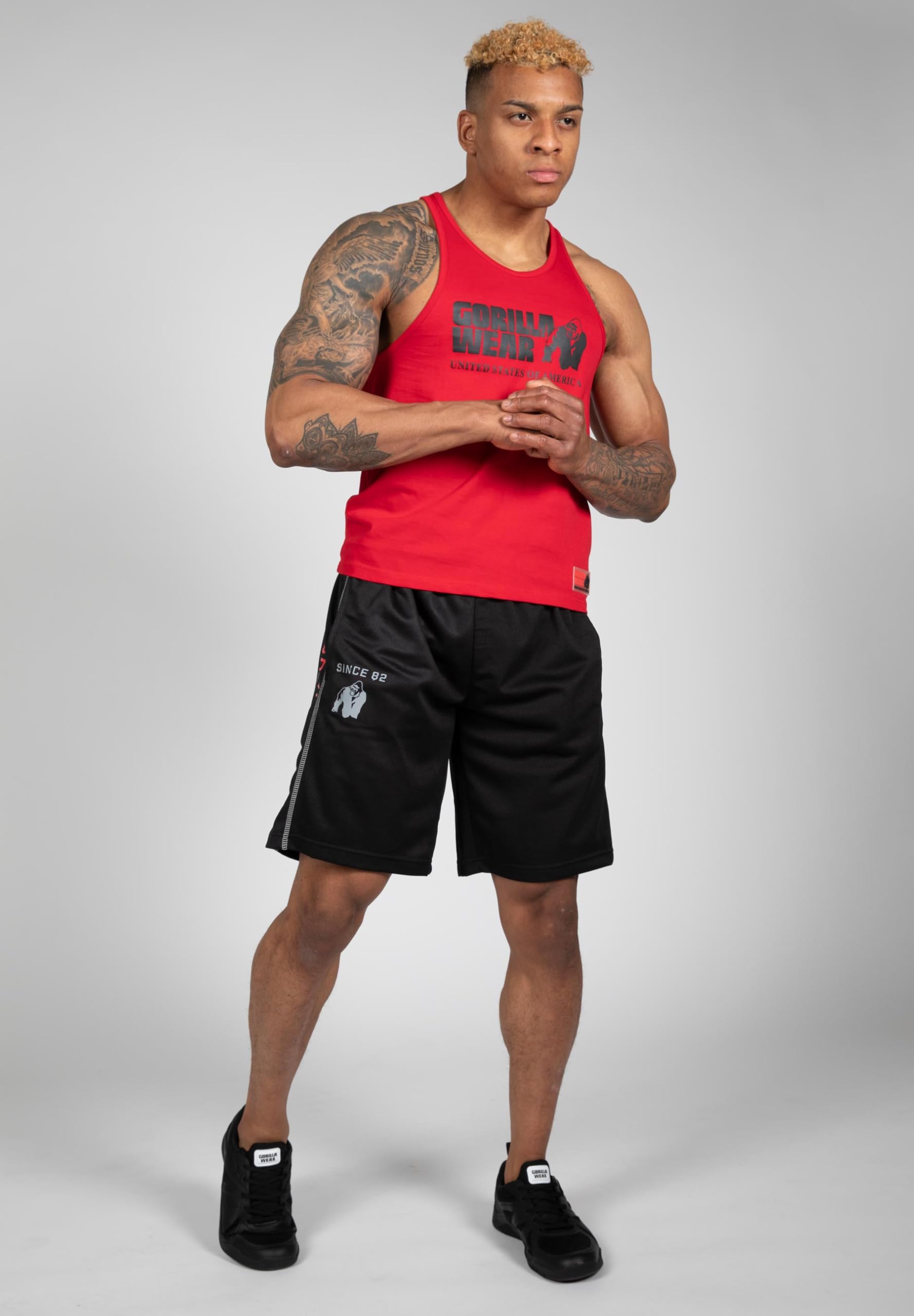 GORILLA WEAR Functional Mesh Shorts for Men - Breathable Workout Gym Running Shorts with Pockets, Black/Red - Perfect for Training, Jogging & Outdoor Sports