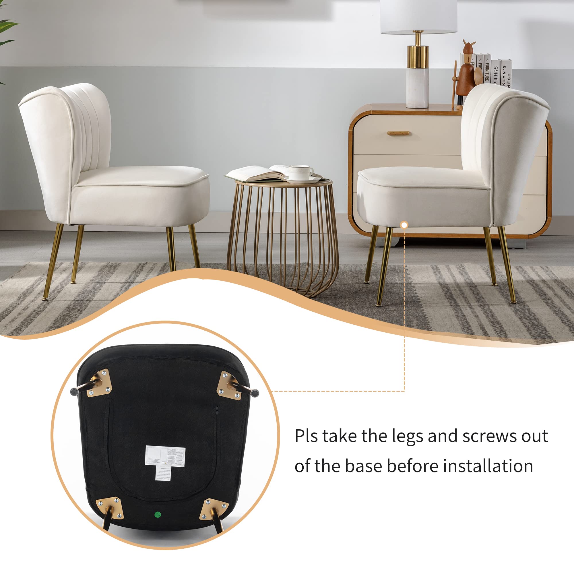 KCC Modern Velvet Upholstered Accent Chair Set of 2 - Mid Century Living Room Chairs with Golden Metal Legs, Comfortable Armless Wingback Side Chairs for Bedroom, Office or Lounge (Beige) - Perfect for Small Spaces, Reading Nooks and Guest Seating