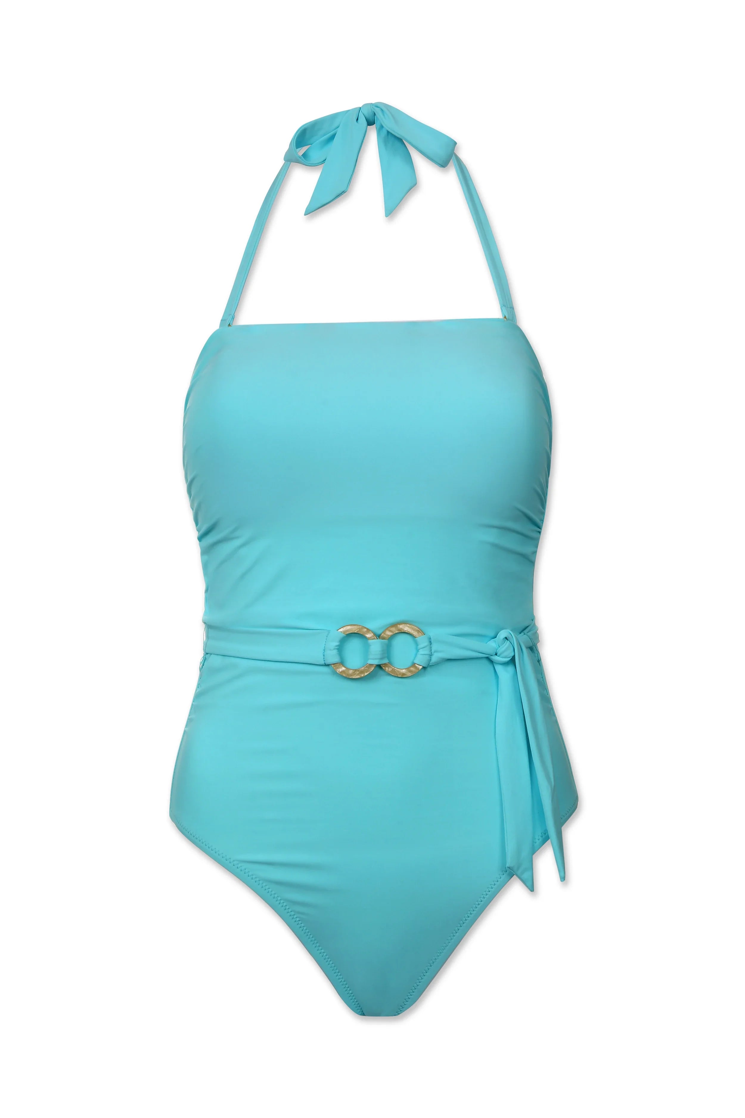 Sky Blue Belted Bandeau One Piece Swimsuit - Women's High Waisted Bathing Suit for Beach & Pool | Summer Vacation & Tropical Getaways