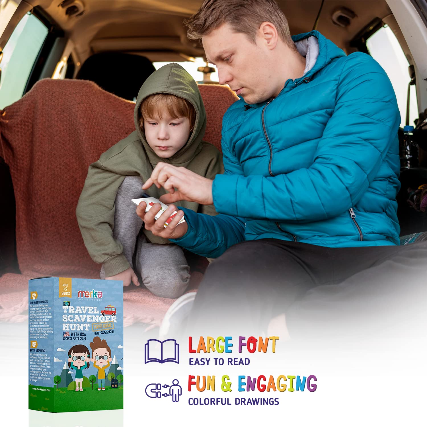 Merka Kids Travel Activity Set - 96 Fun Road Trip Flashcards for License Plate Game & Scavenger Hunt | Perfect for Family Car Rides, Vacation Entertainment & Long Distance Travel with Children