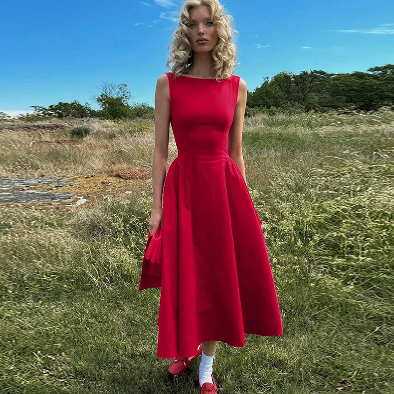Elegant Backless A-Line Maxi Dress for Women - Solid Color O-Neck Sleeveless Long Gown with High Waist - Perfect for Beach Vacations, Summer Parties & Date Nights
