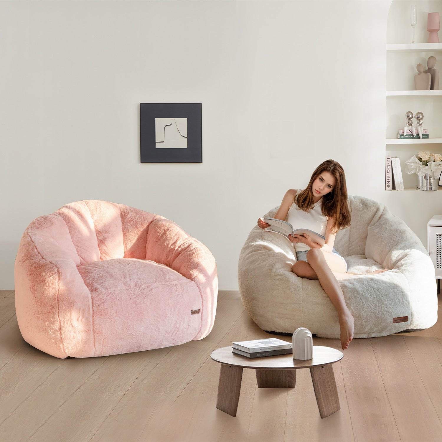 MAXYOYO Giant Faux Fur Bean Bag Chair - Oversized Shell Design for Reading, Lounging & Relaxation - Pink Comfy Floor Seat for Bedroom, Living Room & Dorm