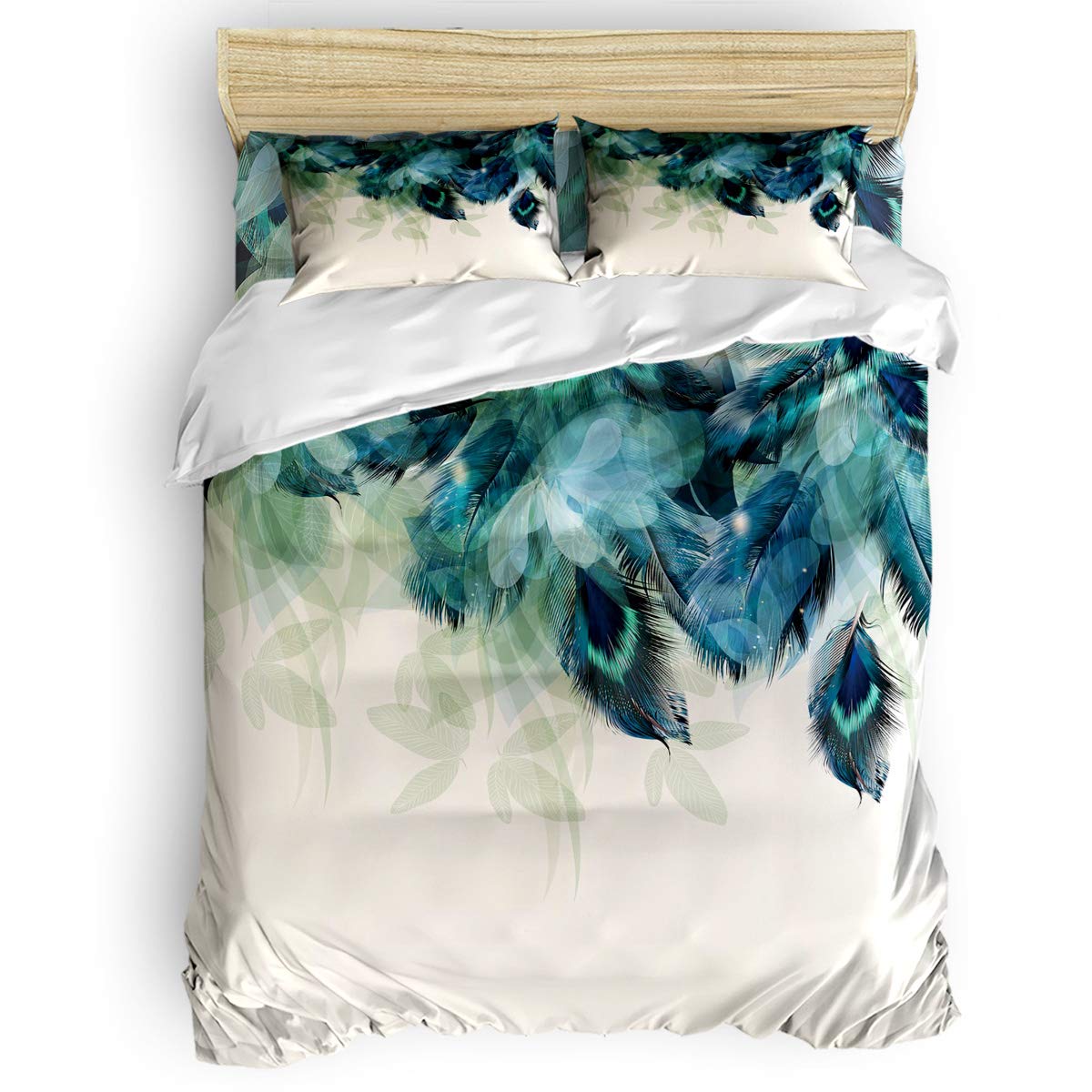 4 Piece Full Size Duvet Cover Set - Peacock Feather Teal Blue Floral Luxury Soft Bedding (1 Duvet Cover + 1 Sheet + 2 Pillowcases) for Master Bedroom, Guest Room & Dorm Decor