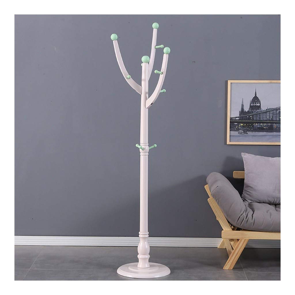 Solid Wood Coat Rack with Hooks - Stylish Tree Stand for Hats, Coats, Keys, Suits, Umbrellas & Scarves - Perfect for Living Room, Bedroom or Entryway (White/Green) - Organize Your Home in Style