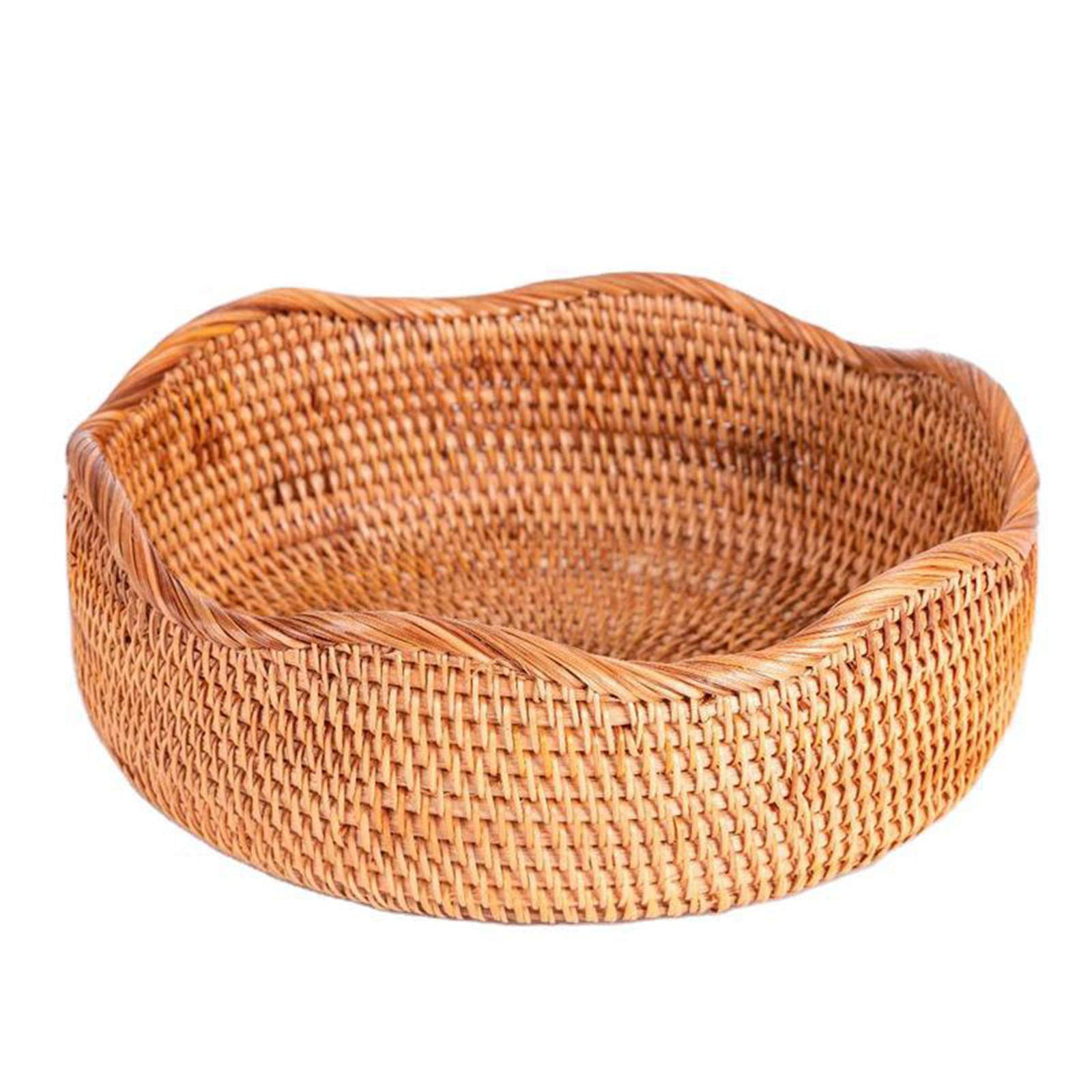 Handmade Rattan Round Woven Basket - Natural Wicker Fruit & Bread Basket for Kitchen Counter, Food Serving Tray, Snack Storage Organizer - Perfect for Farmhouse Decor, Picnics, and Party Serving