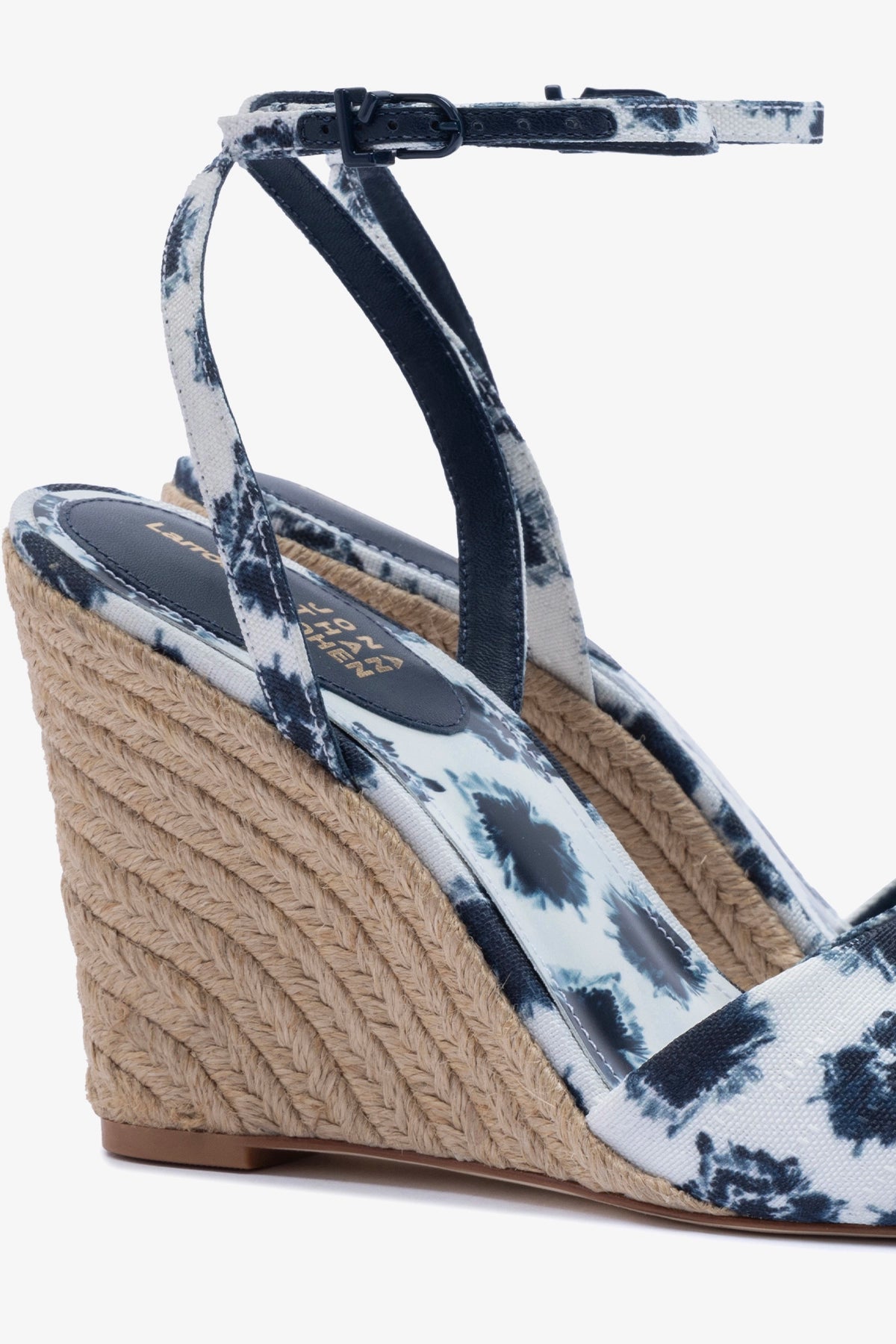 Larroudé x Jonathan Cohen Yves Wedge Sandals in Tie-Dye Ocean Linen | Comfortable Summer Wedges for Beach, Vacation, and Casual Outings