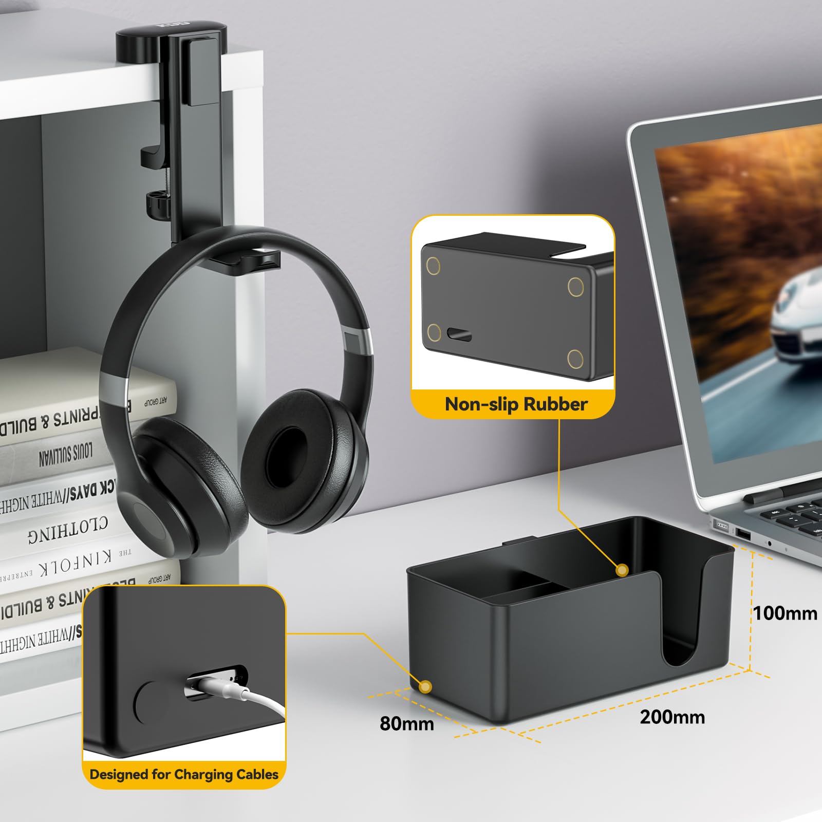 KDD 4-in-1 Under Desk Organizer - Rotating Headphone Holder with Detachable Cup & Pen Storage - Space Saving Desk Accessory for Office, Gaming & Home Use (Black)