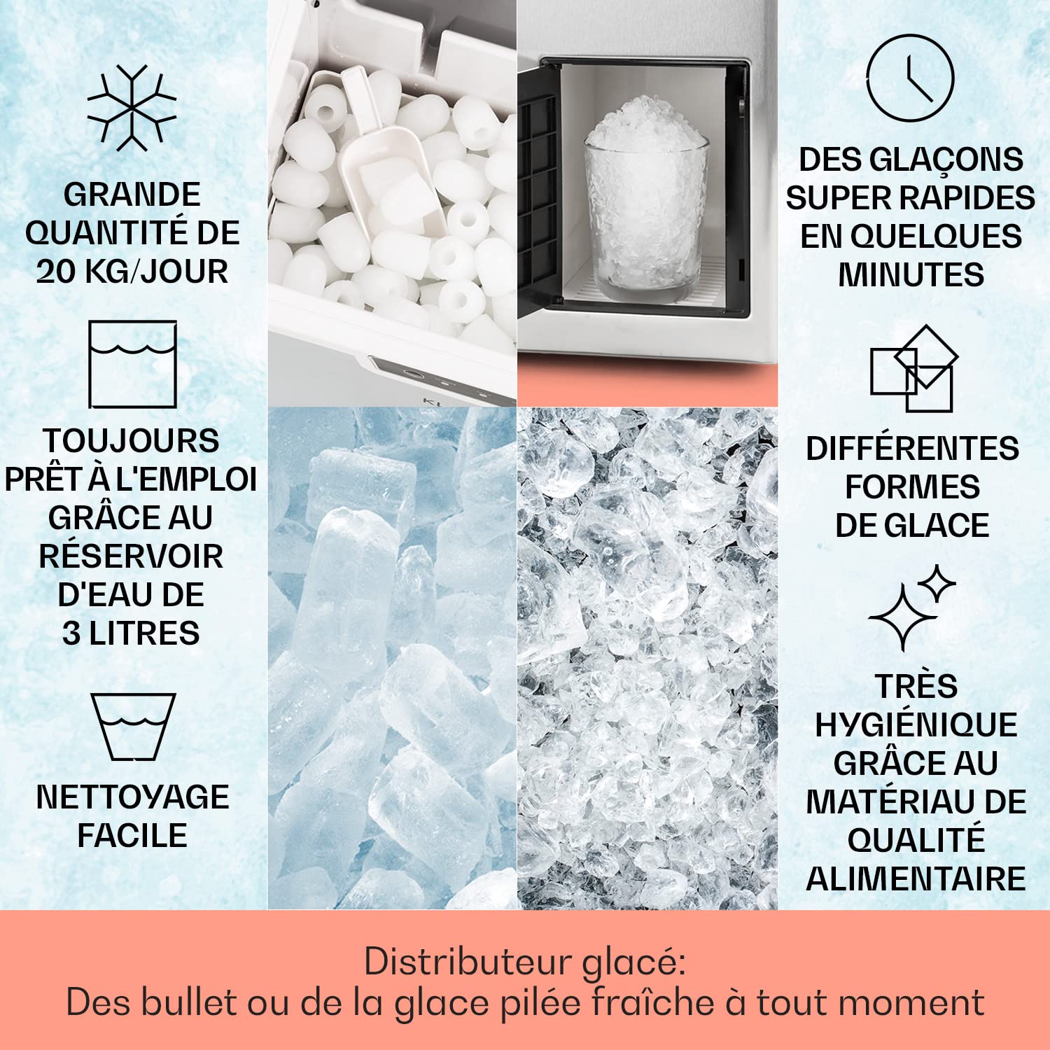 Klarstein 3L Ice Maker Machine for Home - Fast Crushed or Ball Ice Production up to 20kg - Self-Cleaning with Safety Alarm - Perfect for Cocktails, Parties & Kitchen Use