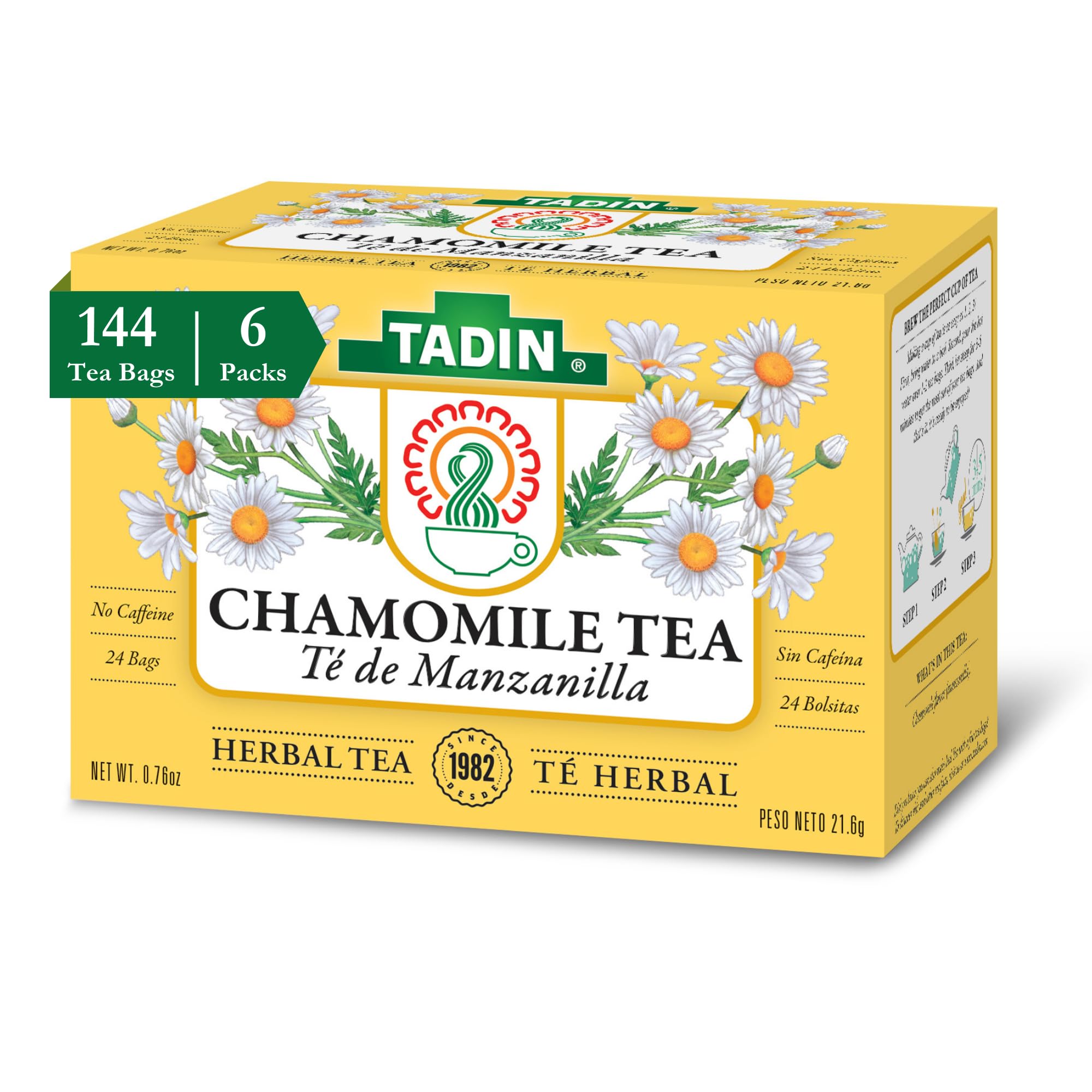 Organic Chamomile Herbal Tea Bags - Caffeine Free, Individually Wrapped (24 Bags/Box, 6-Pack) - Perfect for Relaxation, Stress Relief & Bedtime