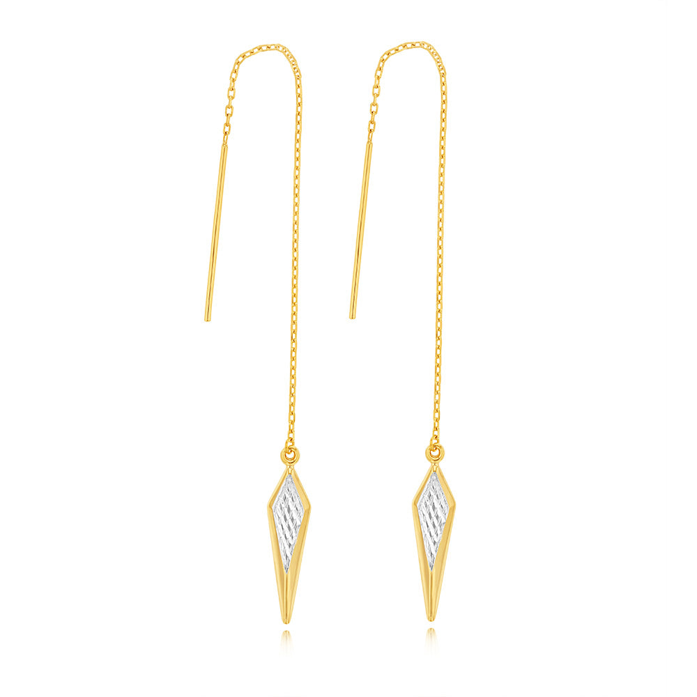 9ct Yellow and White Gold Two-Tone Diamond Drop Threader Earrings - Elegant Dangle Earrings for Women, Perfect for Parties, Weddings, and Special Occasions