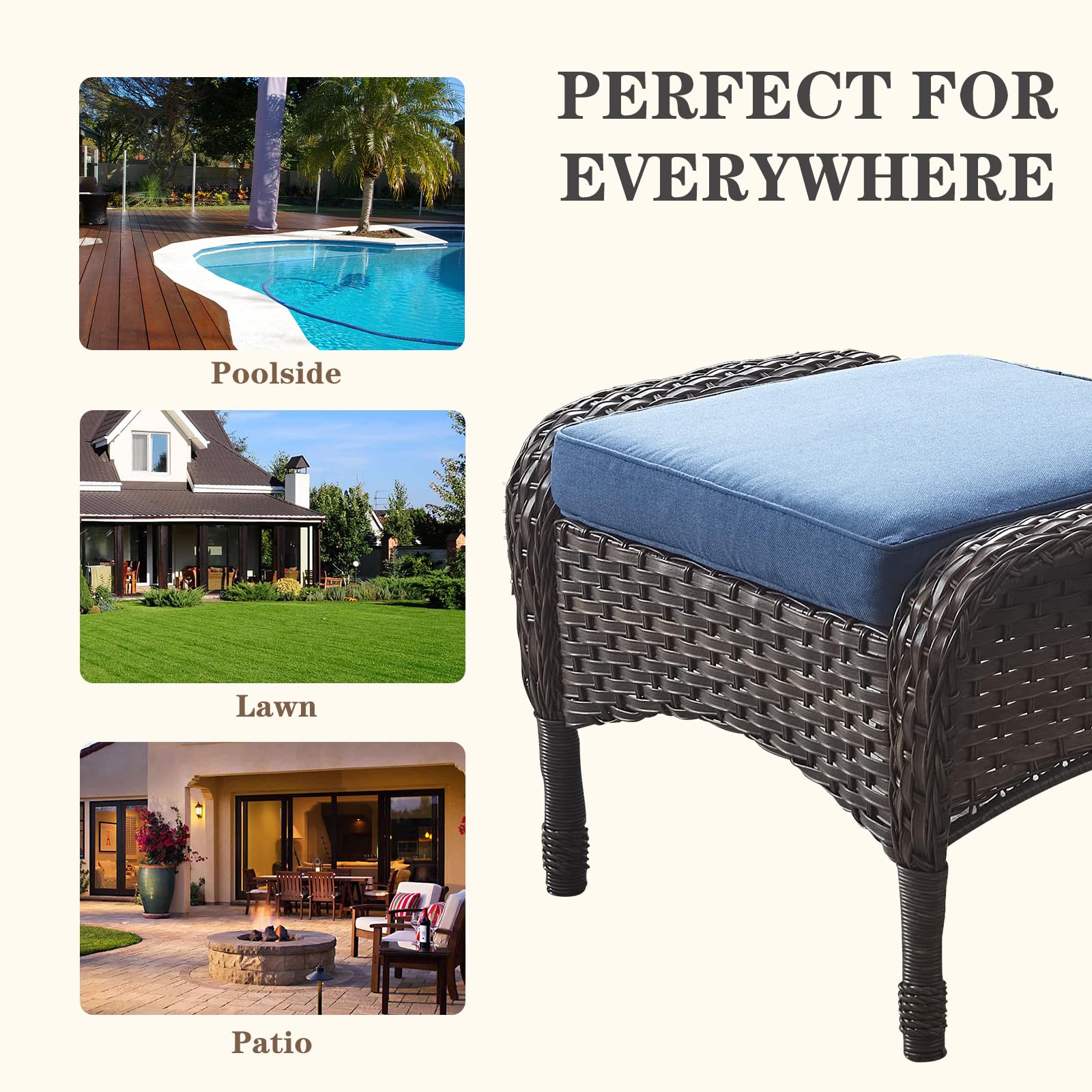 25 Inch All-Weather PE Wicker Ottoman Set of 2 - Outdoor Foot Stool for Patio, Balcony, Deck & Backyard - Brown Rattan Footrest for Relaxing, Lounging & Entertaining