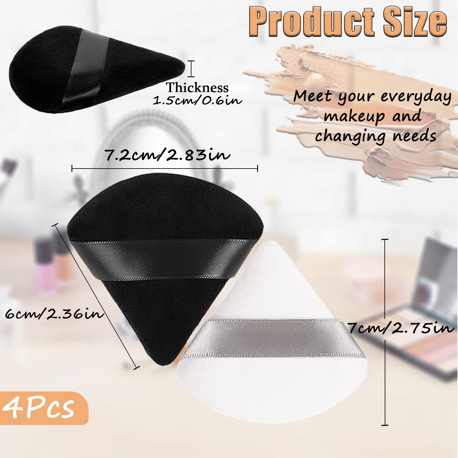4 Pack Soft Triangle Powder Puffs for Loose & Setting Powder - Washable Reusable Velour Makeup Sponges for Face & Body (Wet/Dry Use) - Perfect for Flawless Makeup Application, Touch-ups & Travel