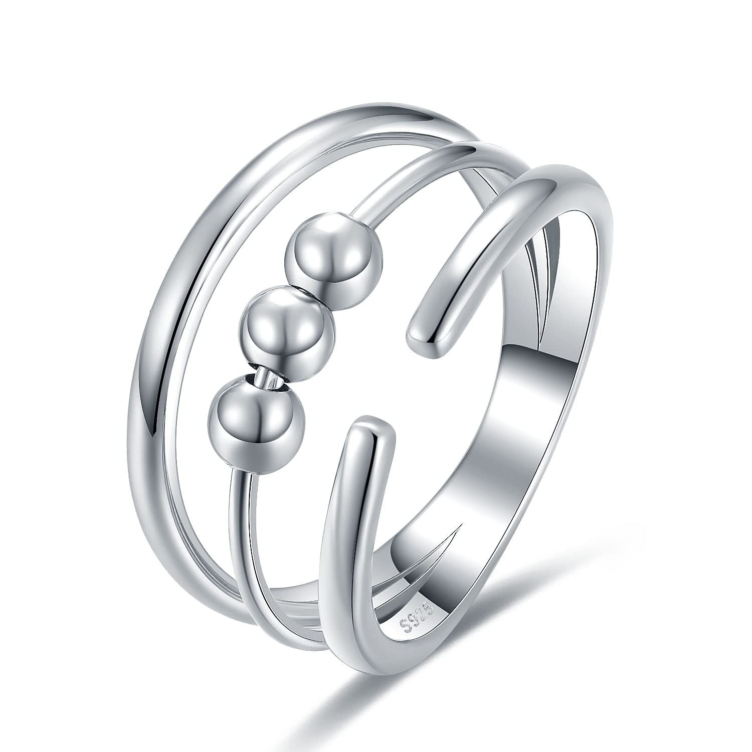 925 Sterling Silver Anxiety Ring with Beads - Spinning Fidget Ring for Women & Men, Stress Relief Worry Beads Jewelry - Perfect for Anxiety, ADHD, OCD & Focus Aid at Work or Home