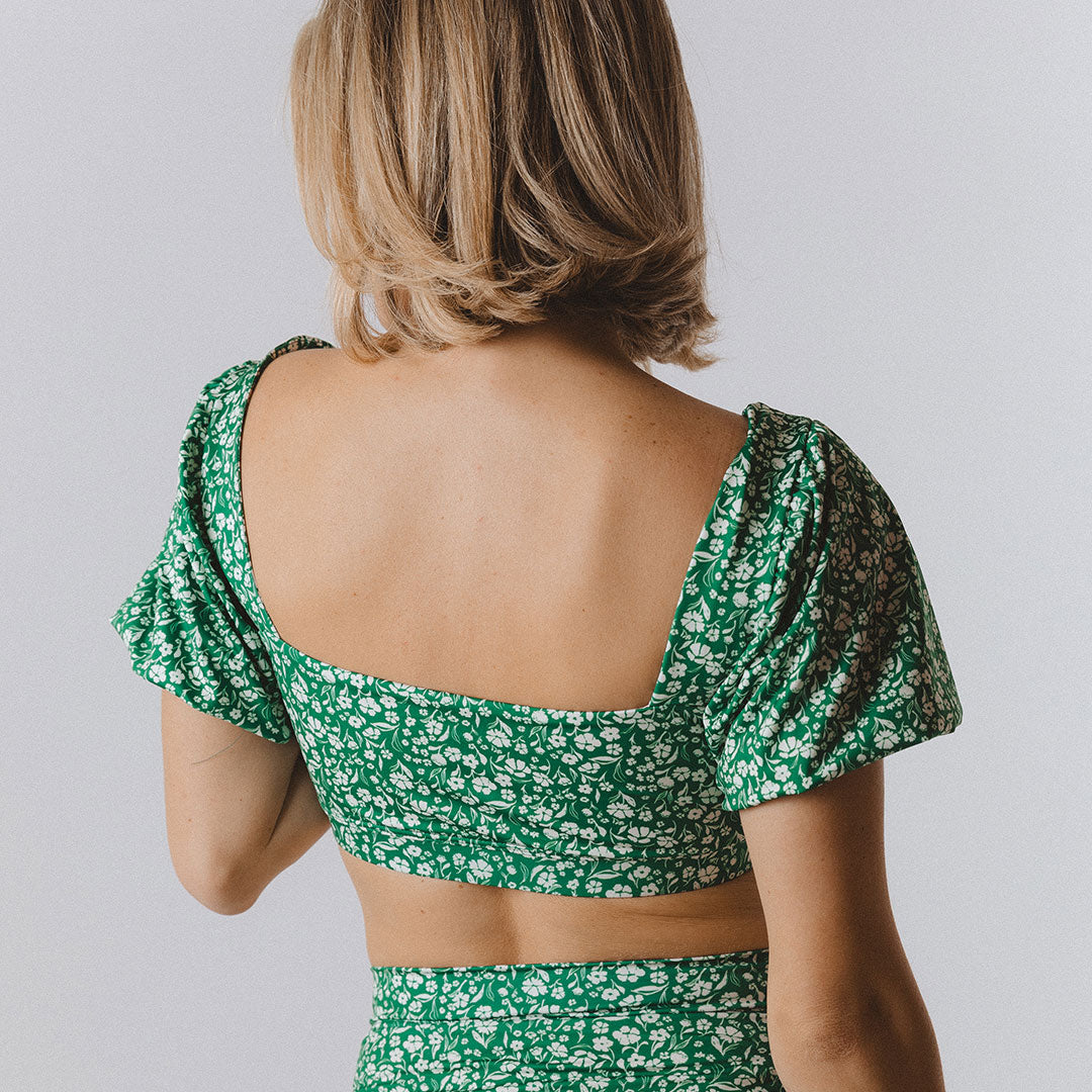 Eloise Crop Top - Micro Green Ivy Print Women's Fashion Blouse | Perfect for Summer Outfits, Beach Vacations & Casual Wear