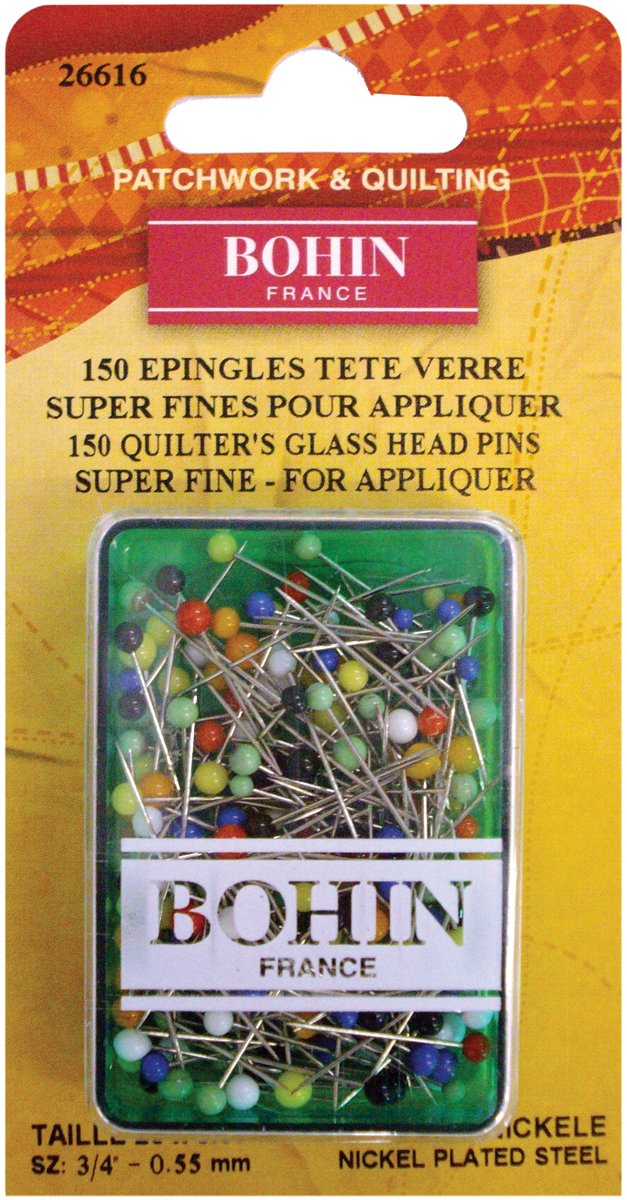 Glass Head Applique Pins - Size 12 (150 Pieces per Package) - Perfect for Sewing, Quilting, and Fabric Crafts