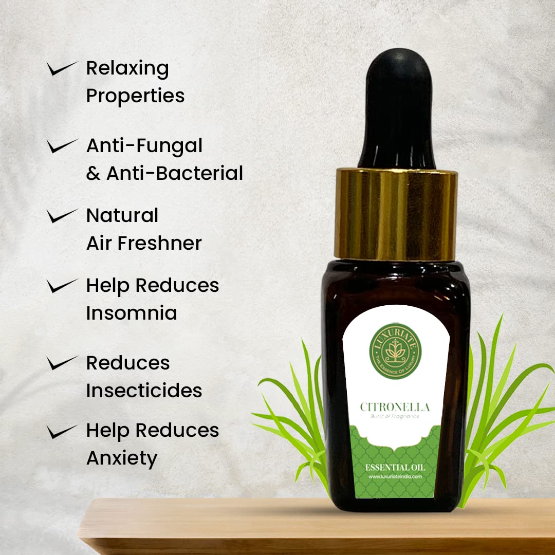 100% Pure Natural Citronella Essential Oil for Hair Growth, Skin Care & Acne Treatment | Aromatherapy Diffuser Oil for Home Fragrance (10ml) - Perfect for Relaxation, Spa Days & Natural Insect Repellent