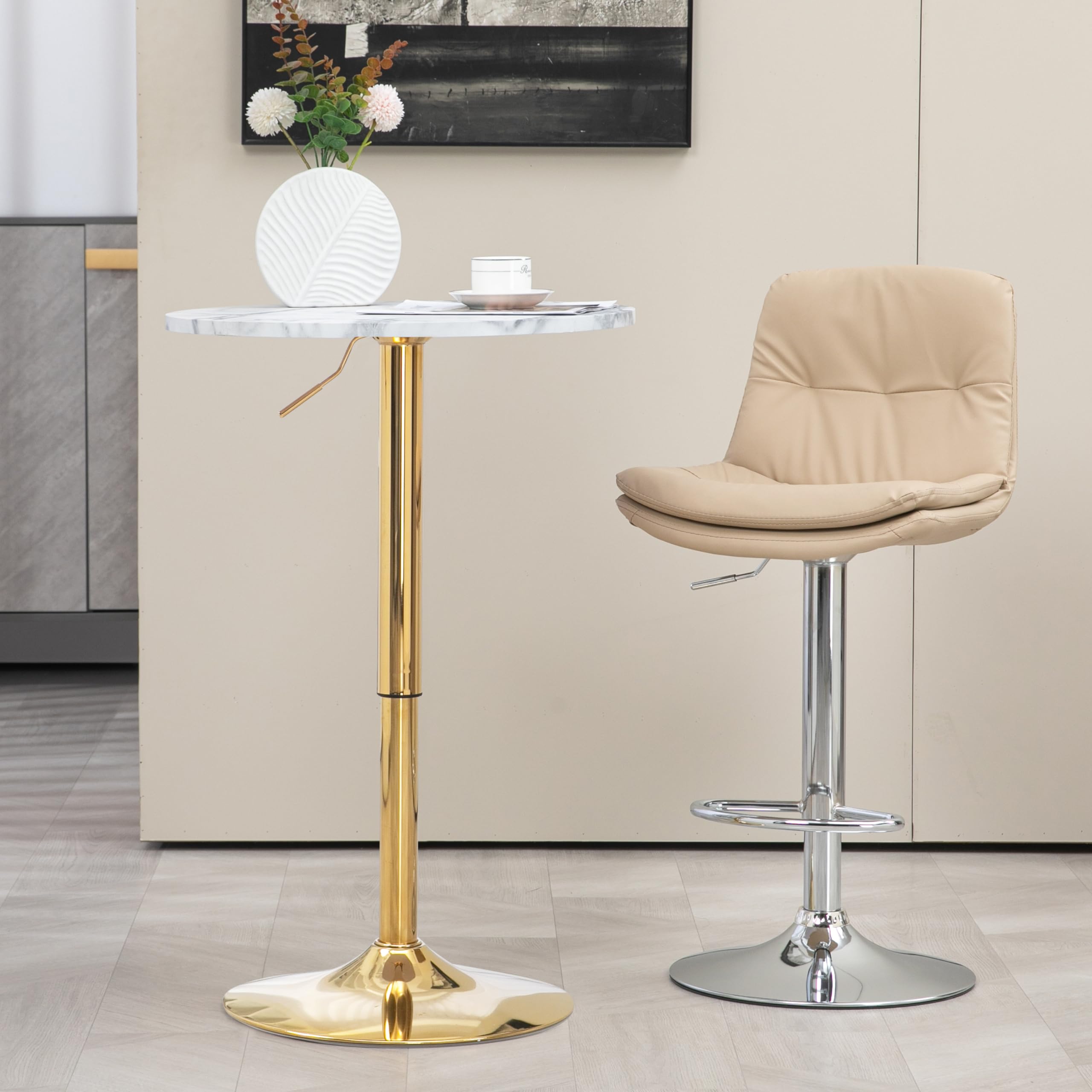 Finnhomy 24 Inch Round Cocktail Bar Table with Adjustable Height 27.9-35.4 Inches - Gold Metal Base Tall Bistro Pub Table for Kitchen, Dining Room, Living Room - Perfect for Entertaining, Small Spaces & Home Bars - Easy Assembly