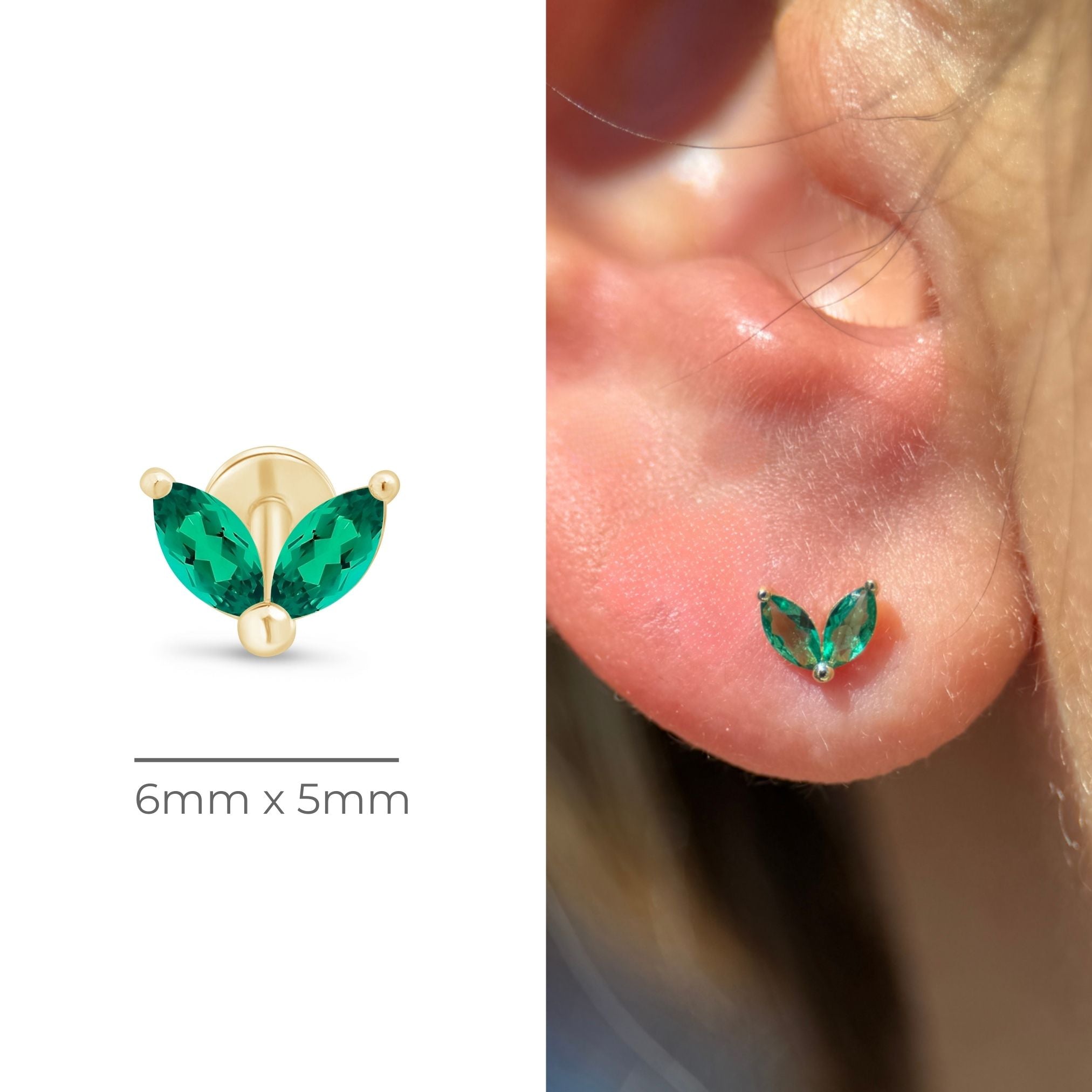 14K Solid Yellow Gold Emerald Double Marquise Flat Back Stud Earrings – Elegant Jewelry for Women, Perfect for Parties, Weddings & Daily Wear
