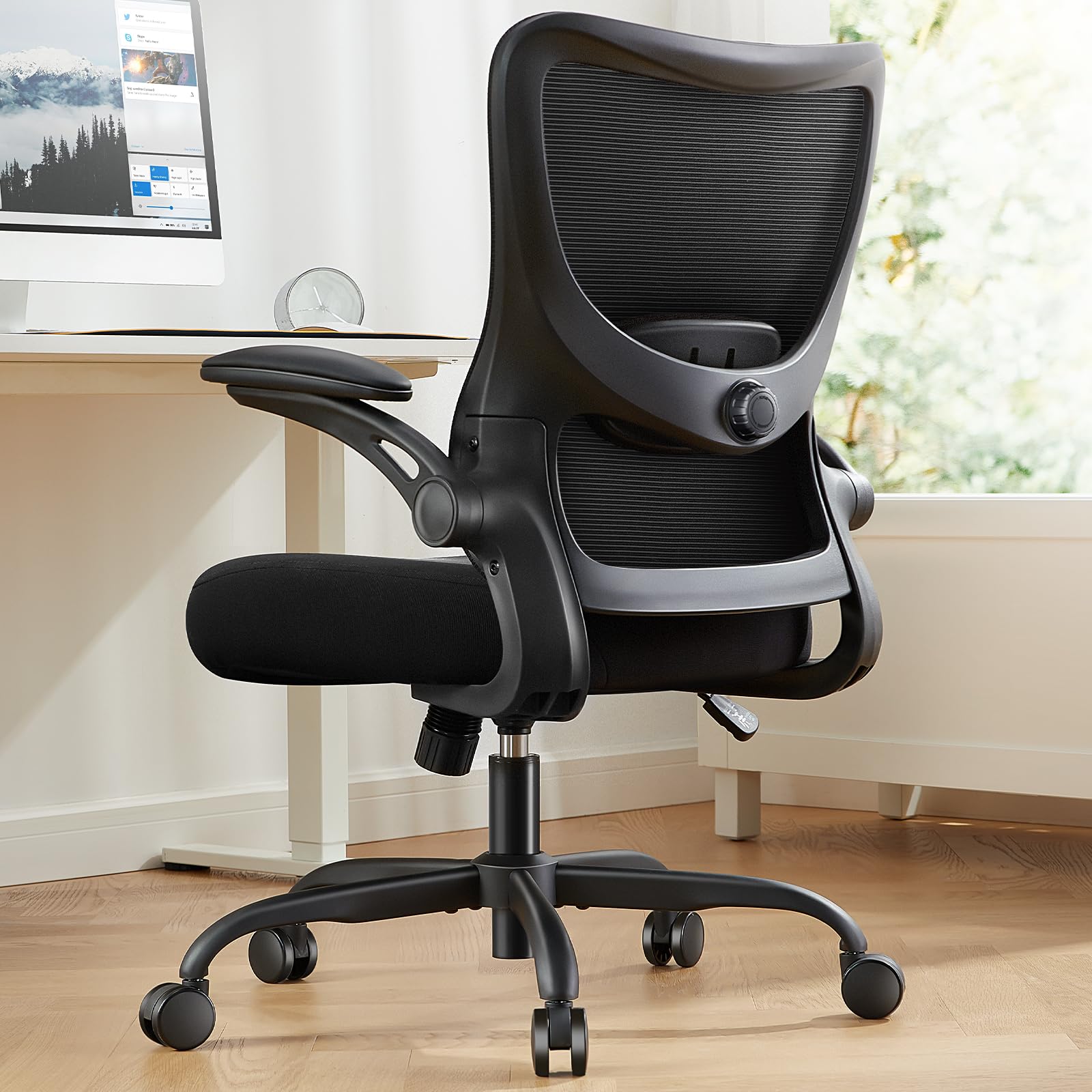 Ergonomic Office Chair with Adjustable Lumbar Support & 3-Way PU Armrests - Breathable Mesh Computer Desk Chair for Home Office, Gaming & Work - Comfortable Swivel Task Chair with Rolling Wheels for Long Hours Sitting