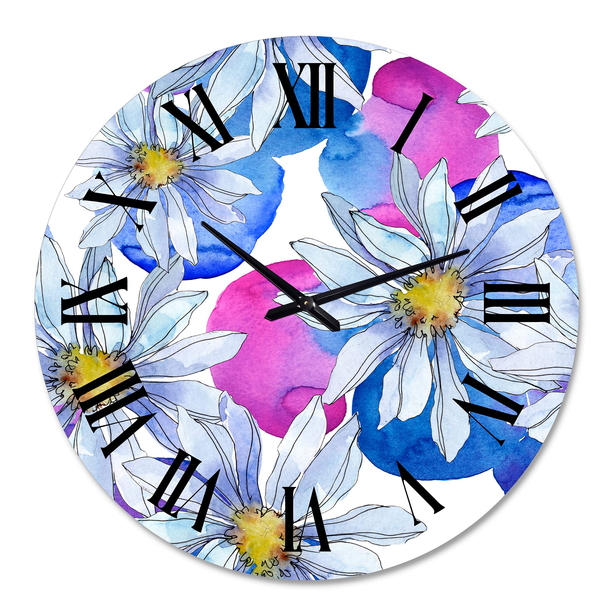 DesignQ Traditional Wall Clock 'Daisies with Green Leaves I' - Large Floral Botanical Wall Clock for Kitchen, Living Room, Bedroom Decor | Perfect for Home, Office & Farmhouse Style