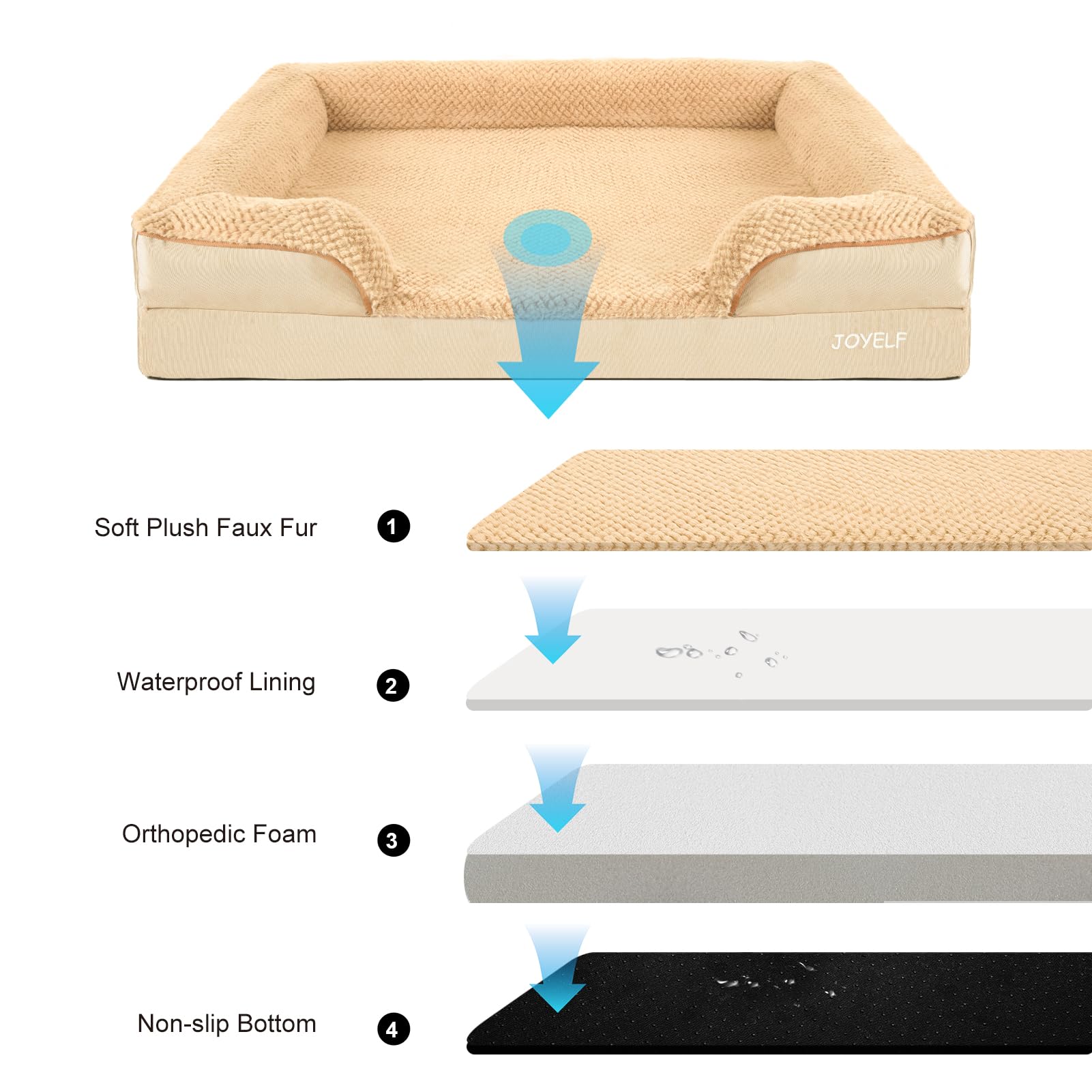 JOYELF Orthopedic Dog Bed for Extra Large Dogs - Waterproof Memory Foam Sofa Couch Pet Bed with Removable Washable Cover & Non-Slip Bottom - Durable Khaki Dog Bed for Senior Dogs with Joint Pain - Perfect for Living Room, Bedroom or Kennel Use