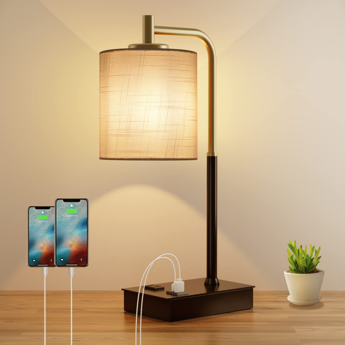OYedis Touch Control Table Lamp - 3-Way Dimmable Modern Bedside Lamp with USB Charging Port & AC Outlet, Fabric Shade Nightstand Lamp for Bedroom, Living Room, Office - Perfect for Reading, Working & Nighttime Use (Includes LED Bulb)