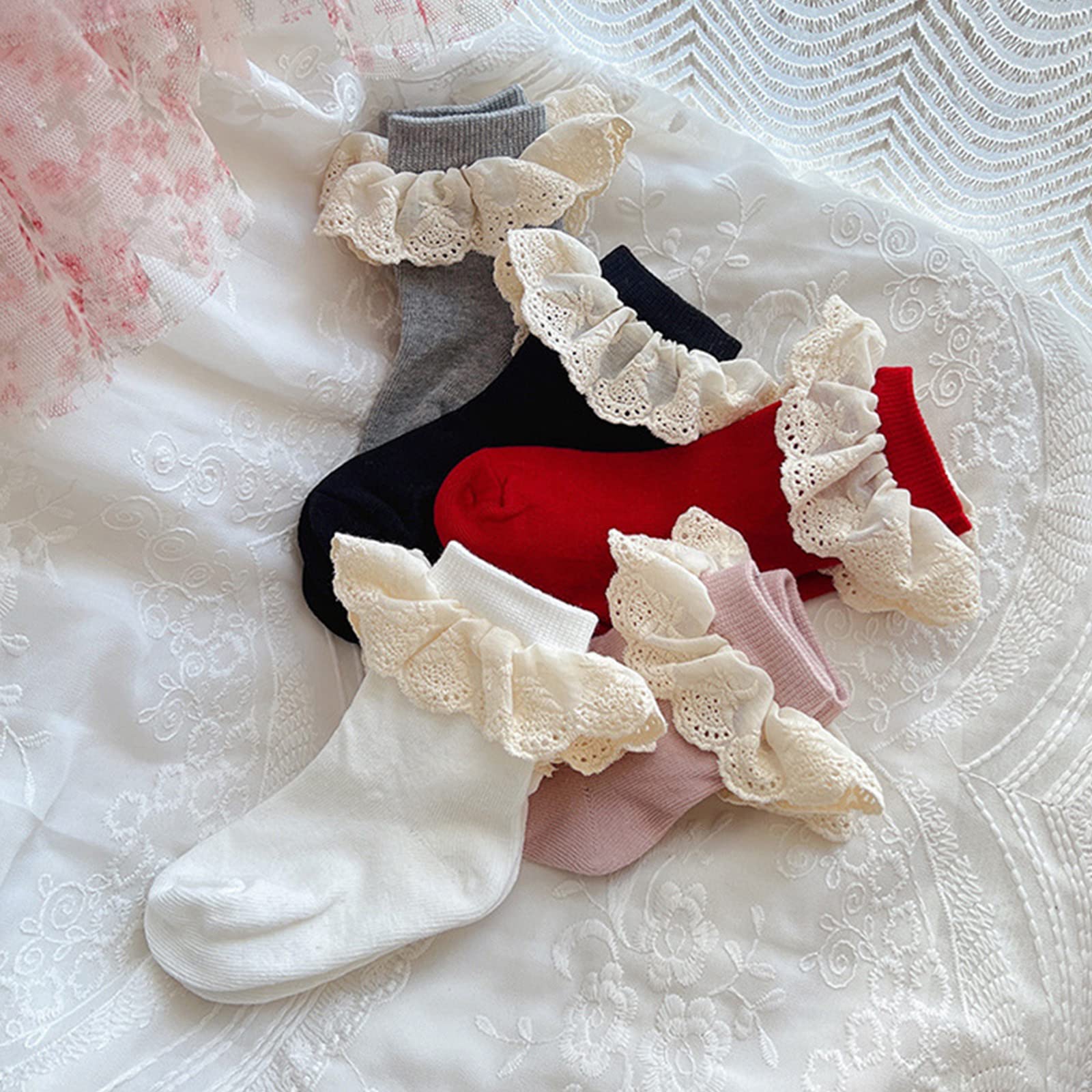 Baby Girls Ruffles Lace Socks - Toddler Princess Frilly Dress Socks - Soft Infant Ankle Socks for Parties, Photography & Special Occasions