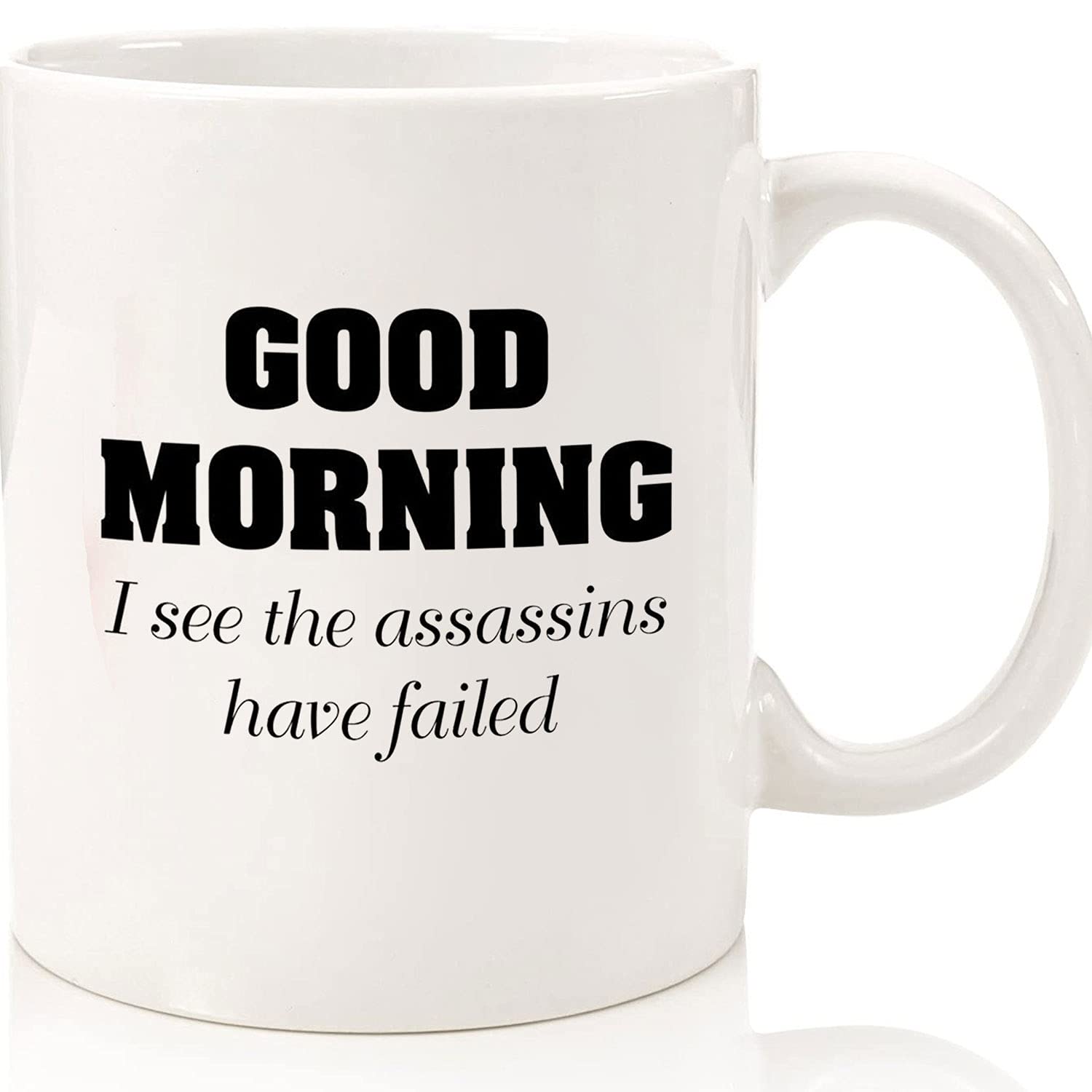Funny Coffee Mug - 'Good Morning I See The Assassins Have Failed' Sarcastic Ceramic Novelty Mug (11oz/15oz) - Perfect Gift for Female Boss, Birthday & Christmas - Great for Office Humor, Tea & Coffee Lovers