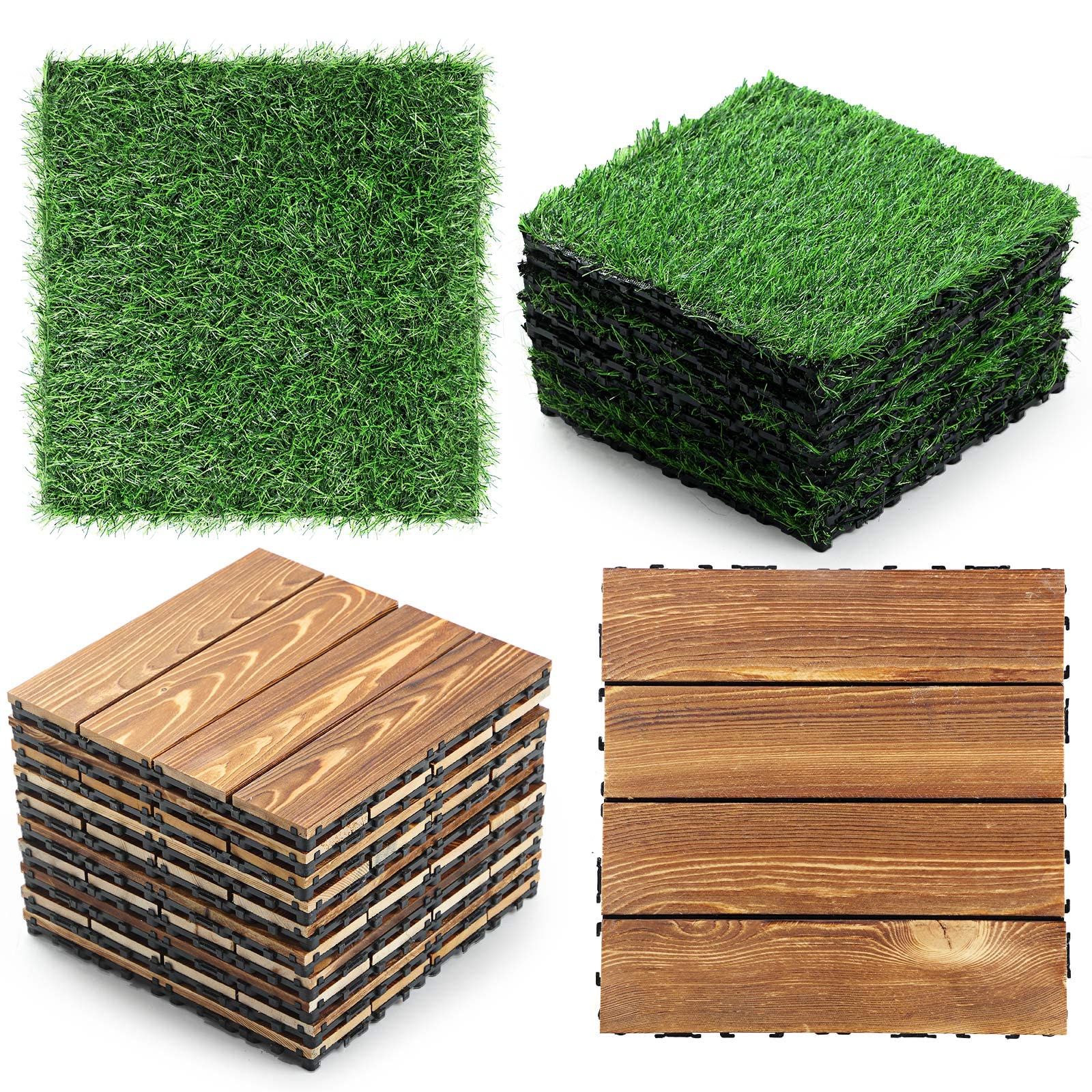 24-Piece Interlocking Hardwood Deck Tiles with Artificial Grass - 12x12 Inch Waterproof Outdoor Flooring for Patio, Balcony & Garden - Self-Draining Wood & Turf Tiles for DIY Landscaping Projects