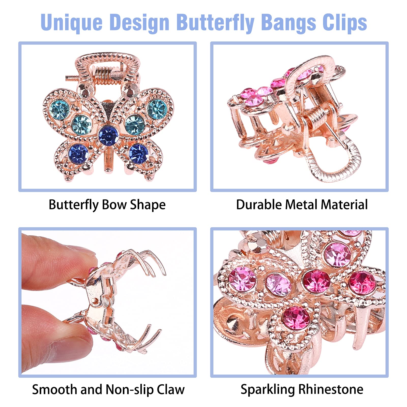 10PCS Rhinestone Hair Claw Clips - Crystal Metal No-Slip Hair Grips for Women & Girls | Mini Butterfly Bangs Clip & Bow Hair Claw | Perfect for Parties, Weddings, and Everyday Hairstyling