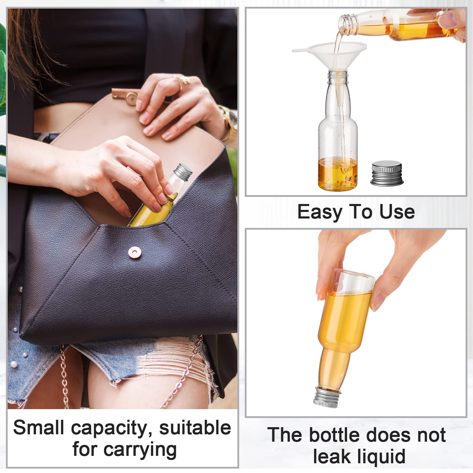 120 Pcs Mini Liquor Bottles (2 oz) - Airtight Empty Plastic Shot Bottles with Funnels - Perfect for Cocktails, Party Favors, Wedding Decor & Home Bar Accessories (Silver)