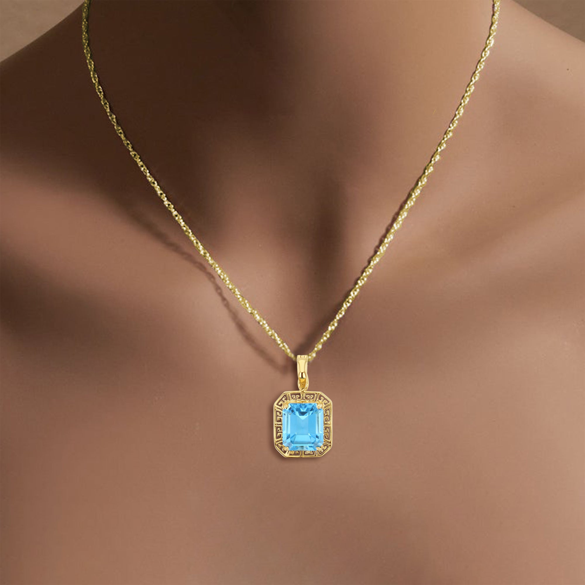 Blue Topaz Gold Greek Key Bezel Necklace - Elegant Jewelry for Women, Perfect Gift for Birthday, Anniversary & Special Occasions