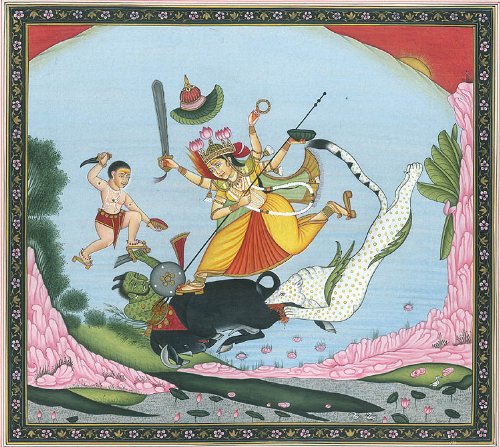 Goddess Durga and Bhairava Slaying Demon Mahishasura - Handmade Watercolor Painting on Paper - Hindu Mythology Art for Home Decor & Spiritual Altars
