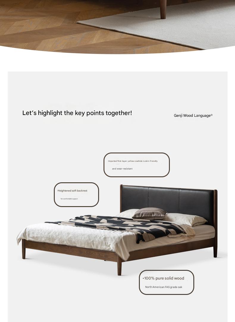 Italian Light Luxury Oak Solid Wood Leather Soft Bed - Elegant and Durable Bed Frame for Master Bedroom, Guest Room, or Modern Home Decor