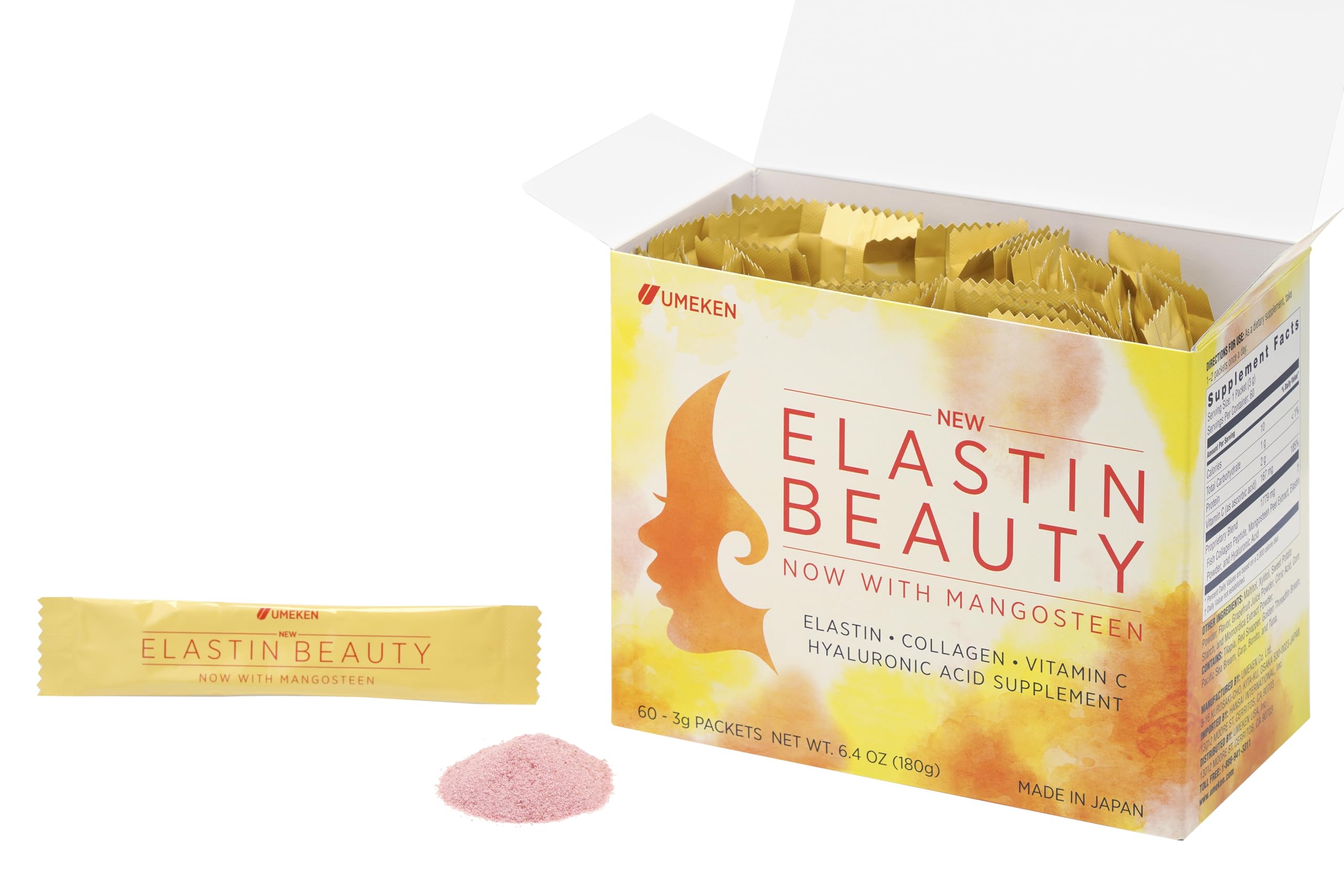 Umeken Elastin Beauty Powder Supplement with Collagen Peptides & Hyaluronic Acid - Vitamin C & Mangosteen Fruit for Women's Health - 60 Packets (1 Month Supply) - Skin Hydration & Anti-Aging Support for Daily Beauty Routine