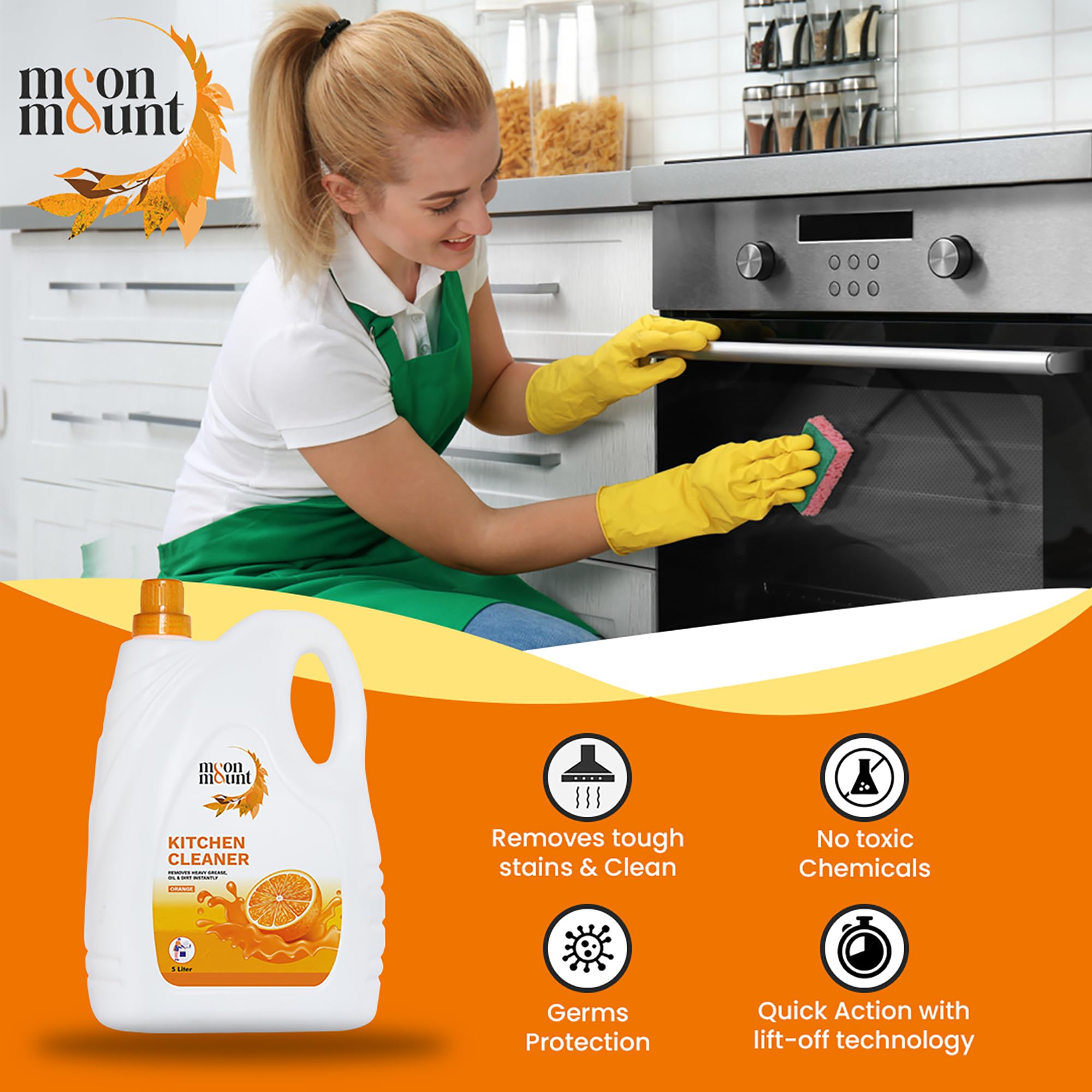 Moon & Mount 5L Kitchen Cleaner | Non-Toxic Glass Stove Top & Grease Remover | Orange Oil Stain Solution | Safe for Skin | Ideal for Home & Restaurant Kitchens