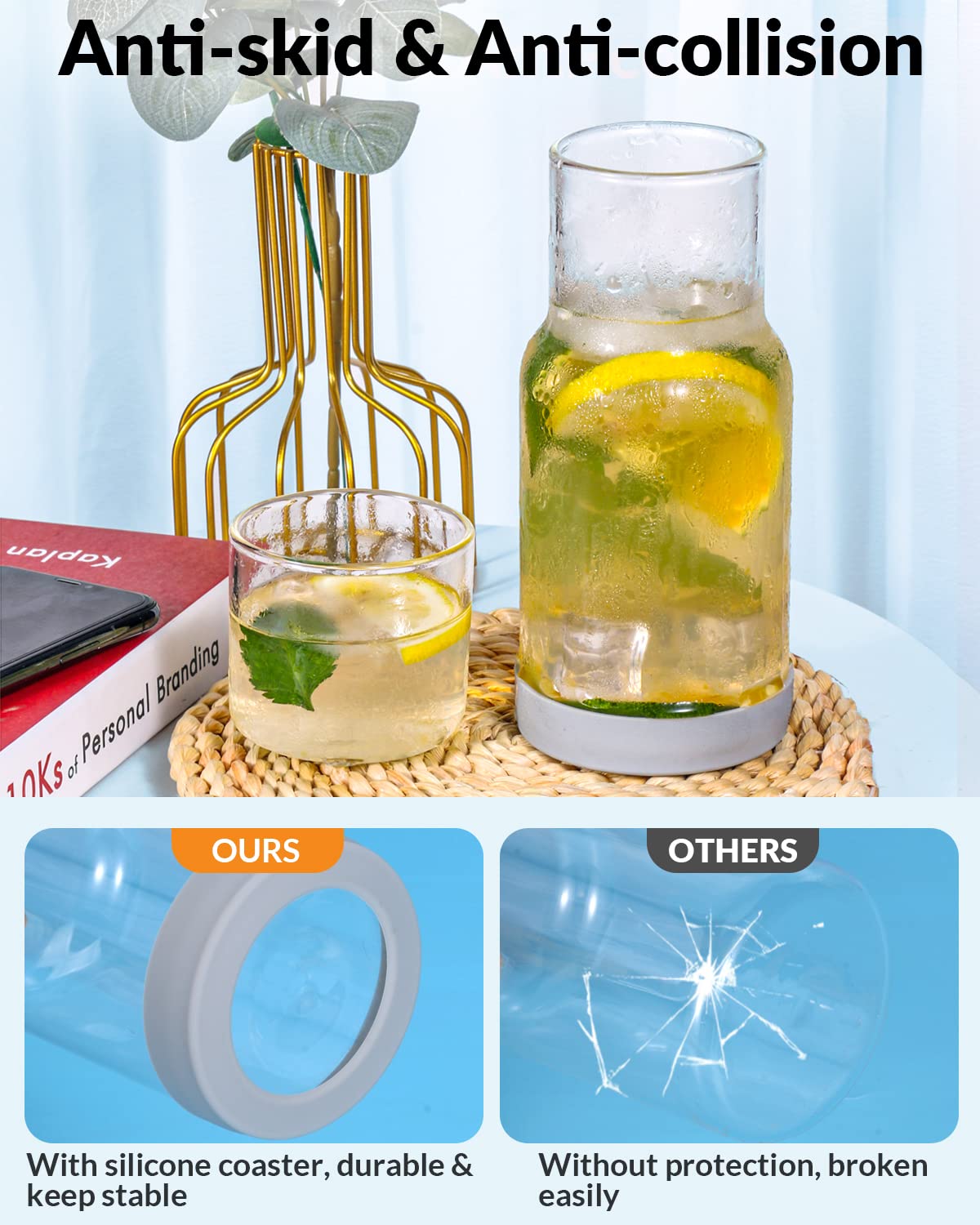 18oz Clear Glass Water Carafe with Tumbler Set - Nightstand Carafe with Silicone Coaster, Heat & Cold Resistant - Perfect for Bedside Hydration, Bathroom Mouthwash Dispenser & Office Drinkware