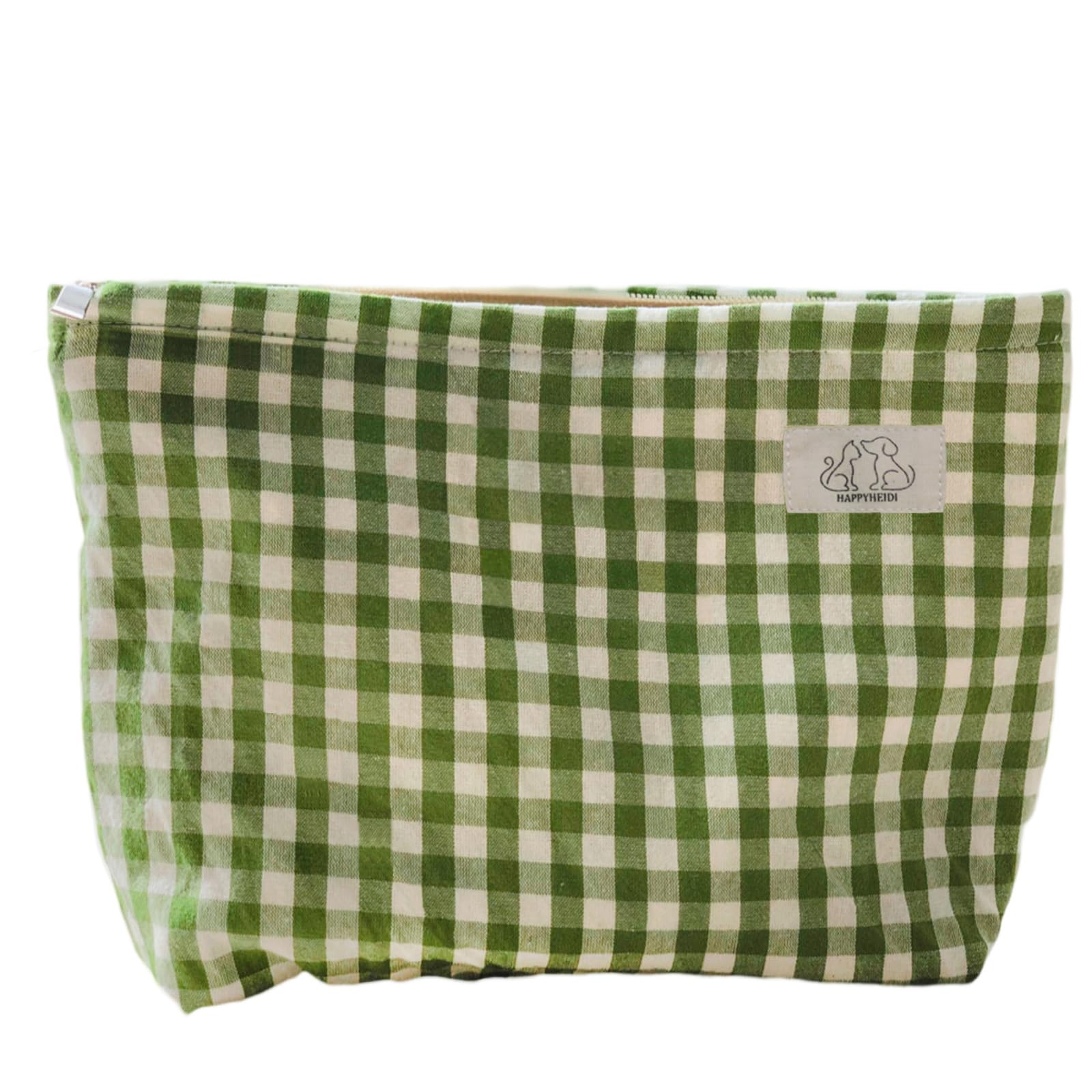 Women's Checkered Canvas Makeup Bag - Cute Green Plaid Cosmetic Pouch for Travel & Daily Use | Waterproof Makeup Organizer with Zipper Closure | Perfect for Gym, Vacation & Gift Giving