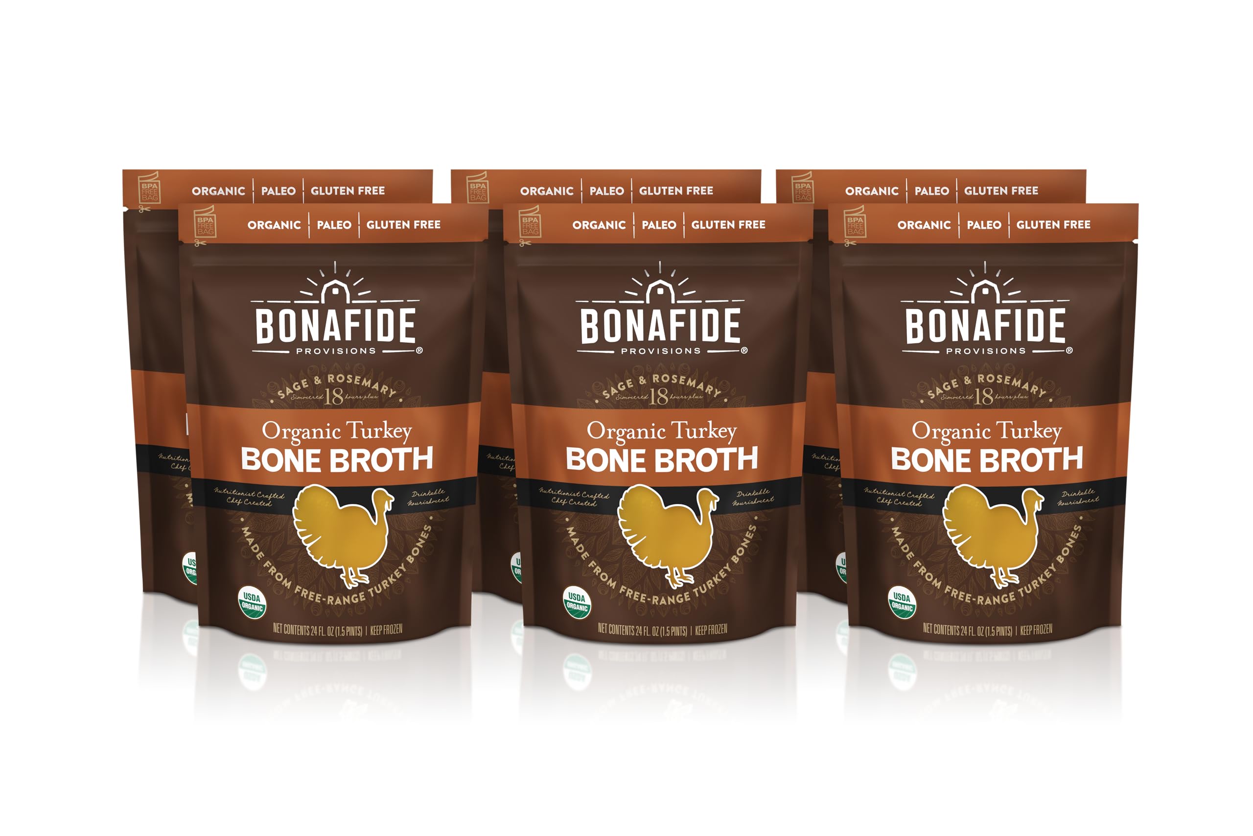 Organic Turkey Bone Broth by Bonafide Provisions - 24 fl oz Frozen, Gluten-Free, Paleo & Keto Friendly | Pack of 6 | Perfect for Soups, Stews, Sipping & Meal Prep