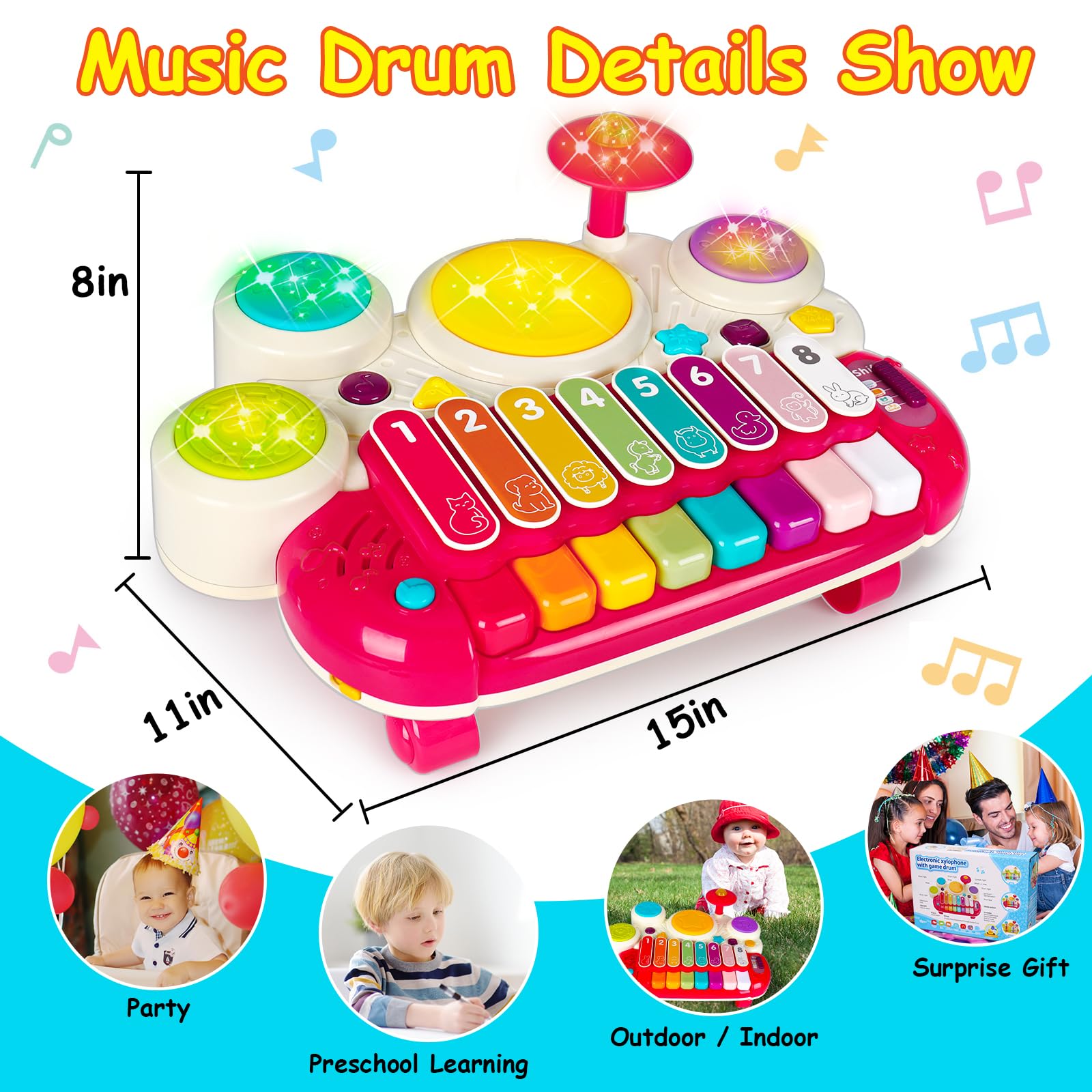 3 in 1 Musical Toys for Toddlers 1-3 Years Old - Piano Xylophone Drum Set, Early Learning Developmental Sensory Toys for 1 2 3 Year Old Boys & Girls, Perfect Birthday Gift for Babies - Great for Home Play, Preschool Learning & Music Exploration