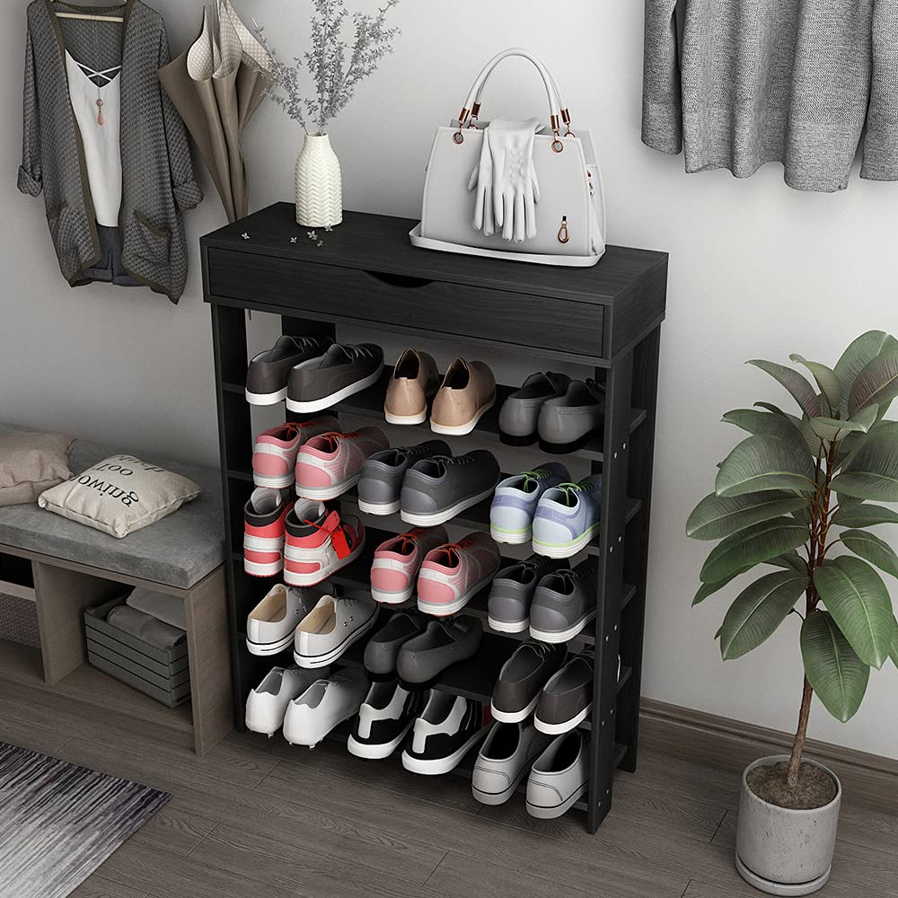 5-Tier Wooden Shoe Rack with Storage Cabinet - 29.5 Inch Vertical Free Standing Shoe Organizer for Entryway, Living Room, Hallway | Space Saving Shoe Shelf for Small Spaces | Sturdy Shoe Storage Cabinet for Home & Apartment (Black)