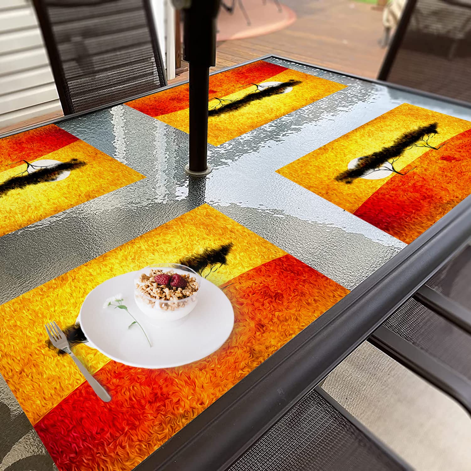 Shrahala Yellow & Orange African Ethnic Oil Tree Painting Placemats - Set of 4 Washable Linen Burlap Table Mats (12x16 Inch) for Dining & Kitchen - Double-Layer Heat Insulation for Hot Dishes & Stylish Home Decor