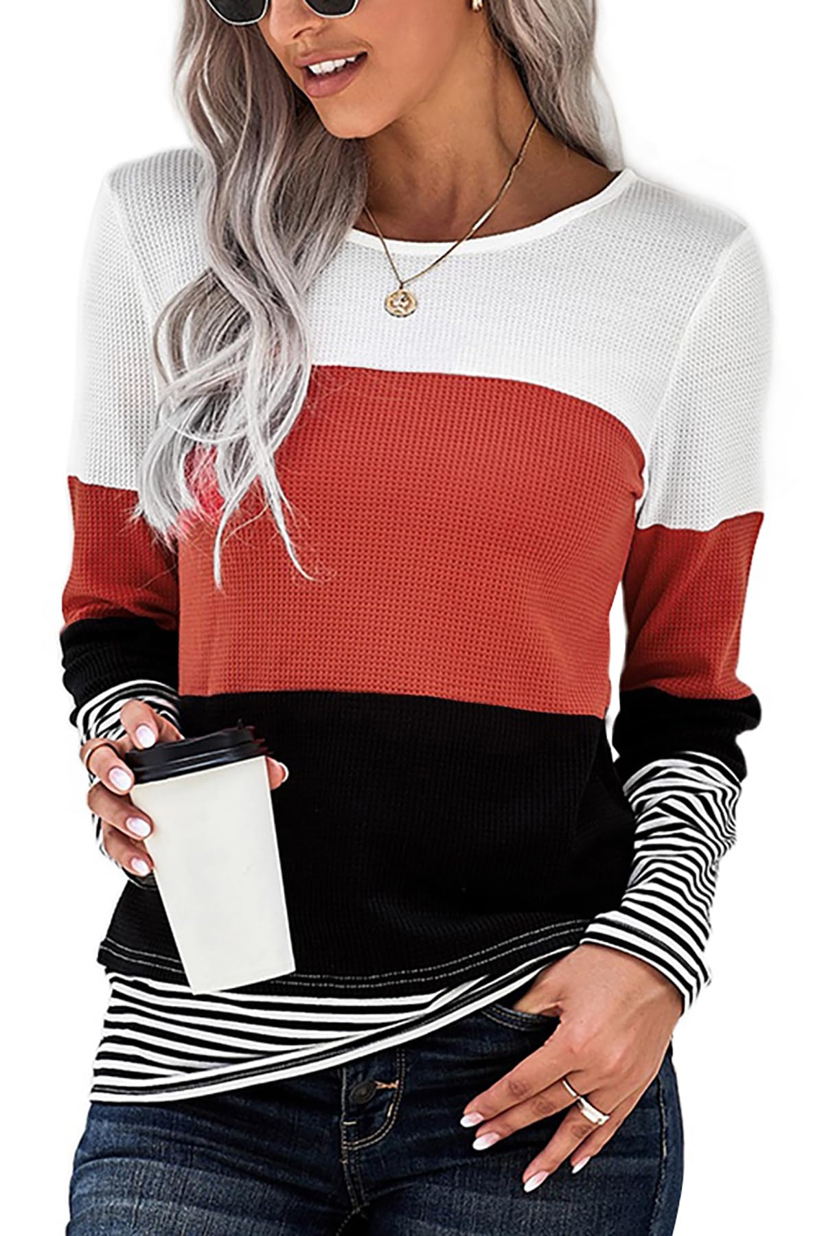 Trendy Women's Long Sleeve Color Block T-Shirts - Stylish Casual & Work Blouse for Everyday Wear | Perfect for Office, Dating & Weekend Outfits